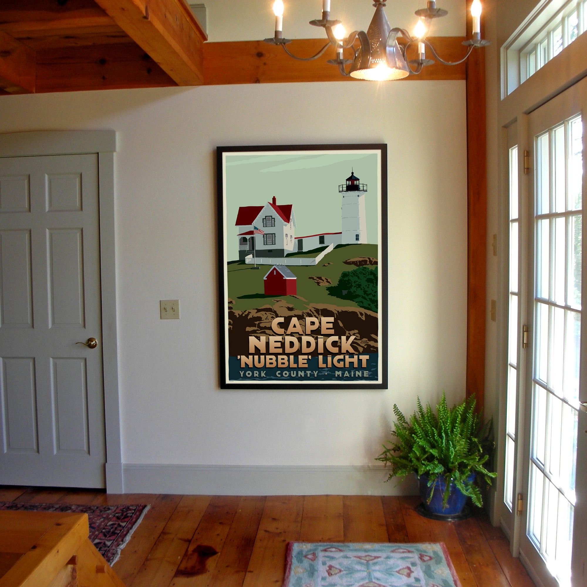 Cape Neddick 'Nubble' Light Art Print 36" x 53" Framed Travel Poster By Alan Claude - Maine