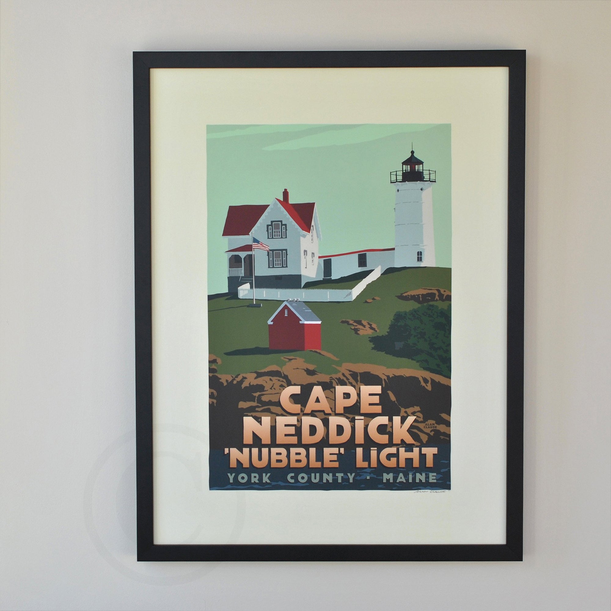 Cape Neddick Nubble Light Art Print 18" x 24" Framed Travel Poster By Alan Claude - Maine