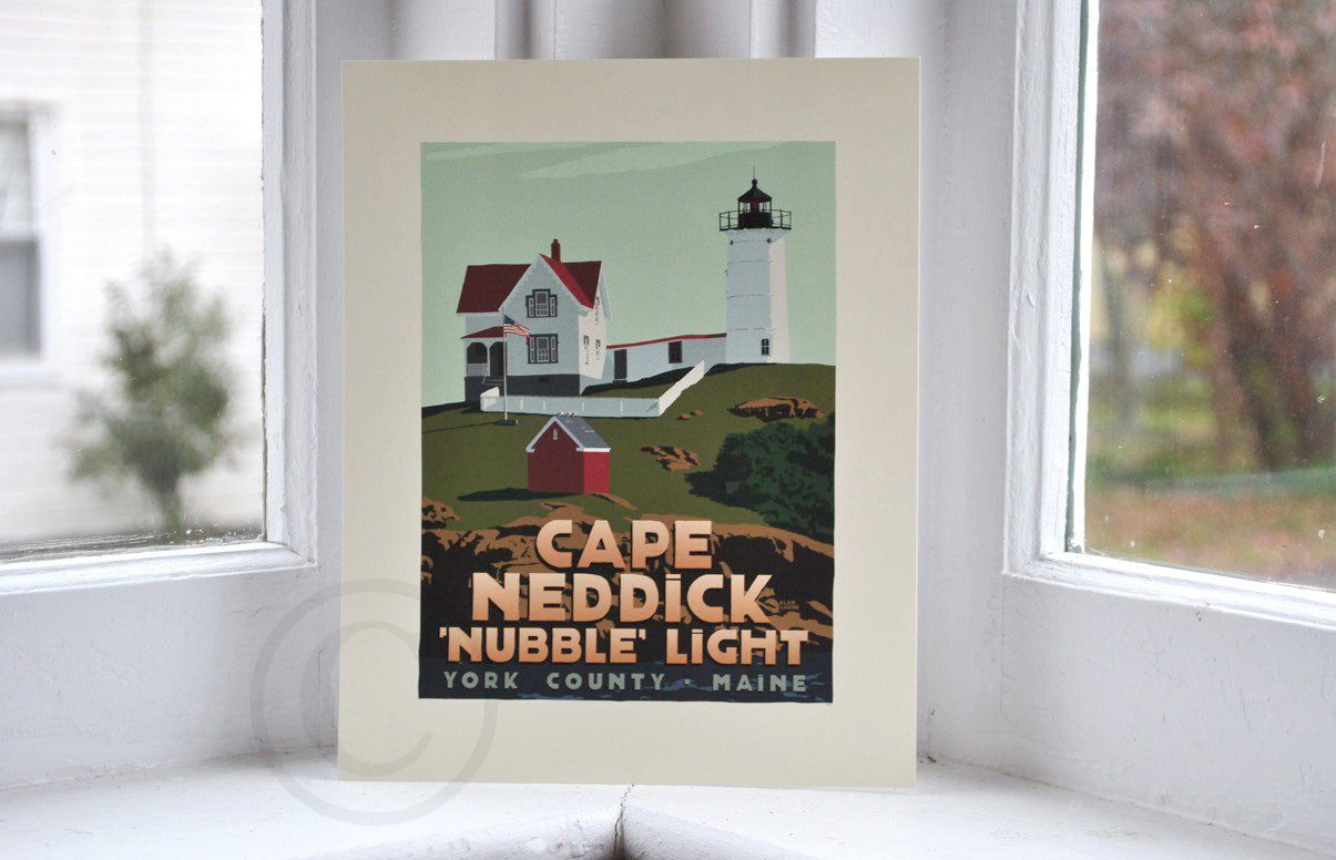 Cape Neddick "Nubble" Light Art Print 8" x 10" Travel Poster By Alan Claude - Maine