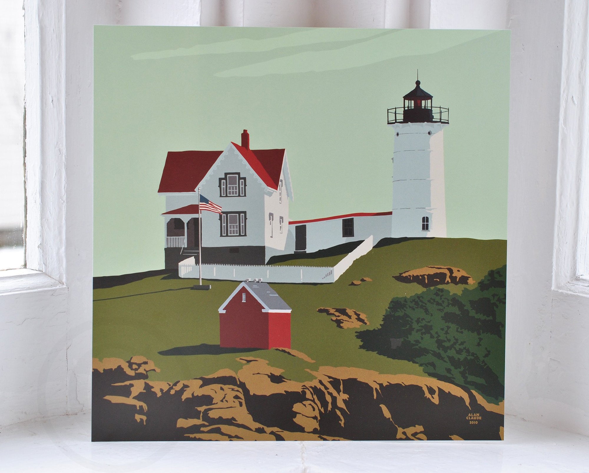 Cape Neddick Nubble Light Art Print 8" x 8" Square Wall Poster By Alan Claude - Maine