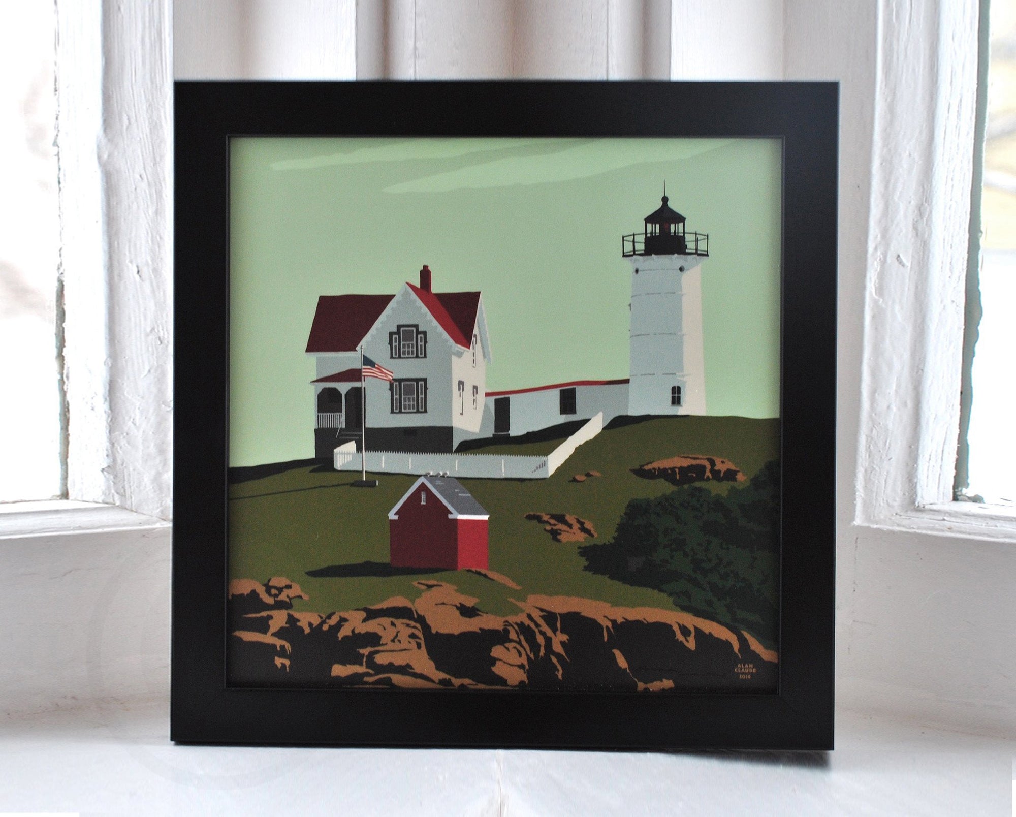 Cape Neddick Nubble Light Art Print 8" x 8" Framed Wall Poster By Alan Claude - Maine