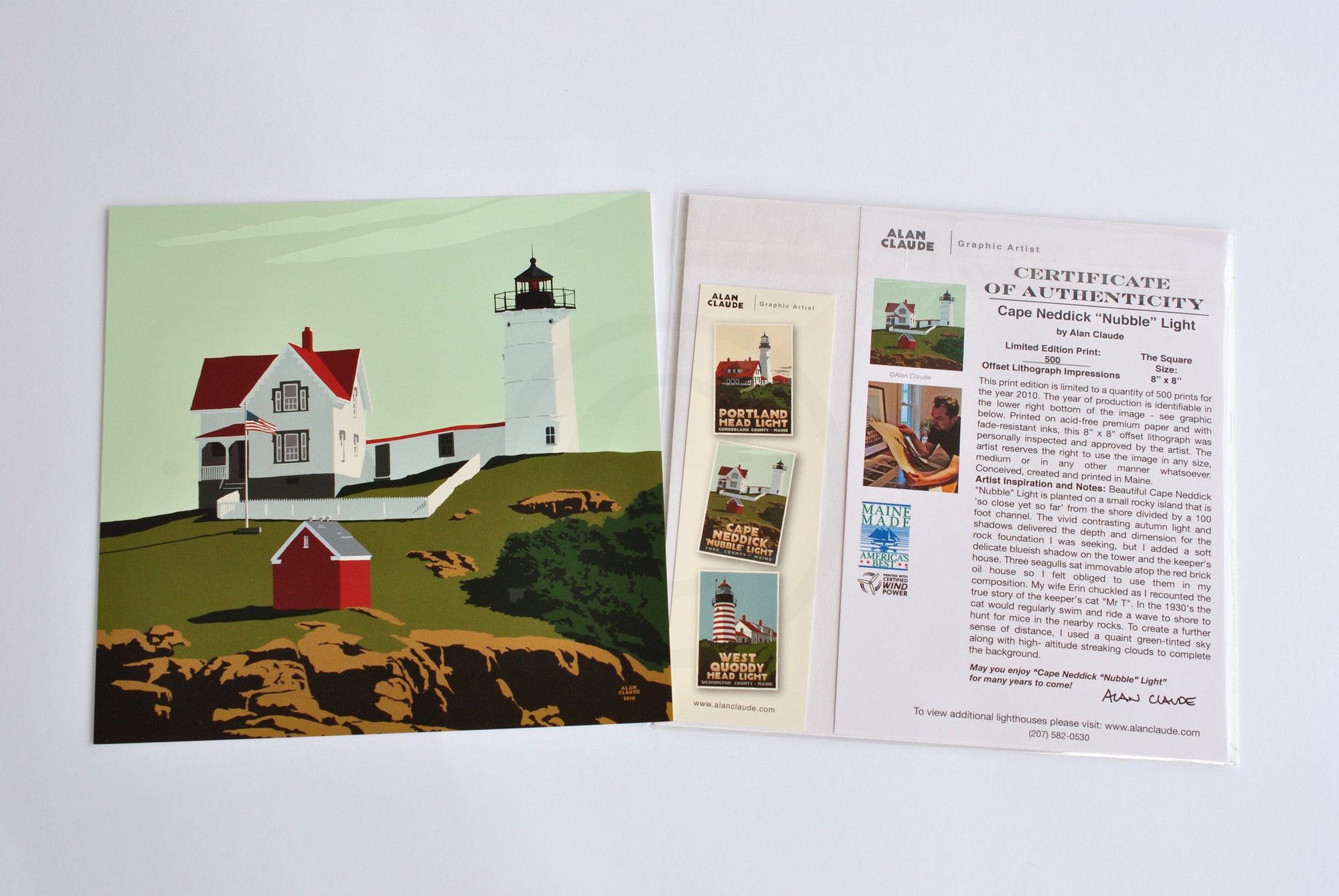 Cape Neddick Nubble Light Art Print 8" x 8" Square Wall Poster By Alan Claude - Maine