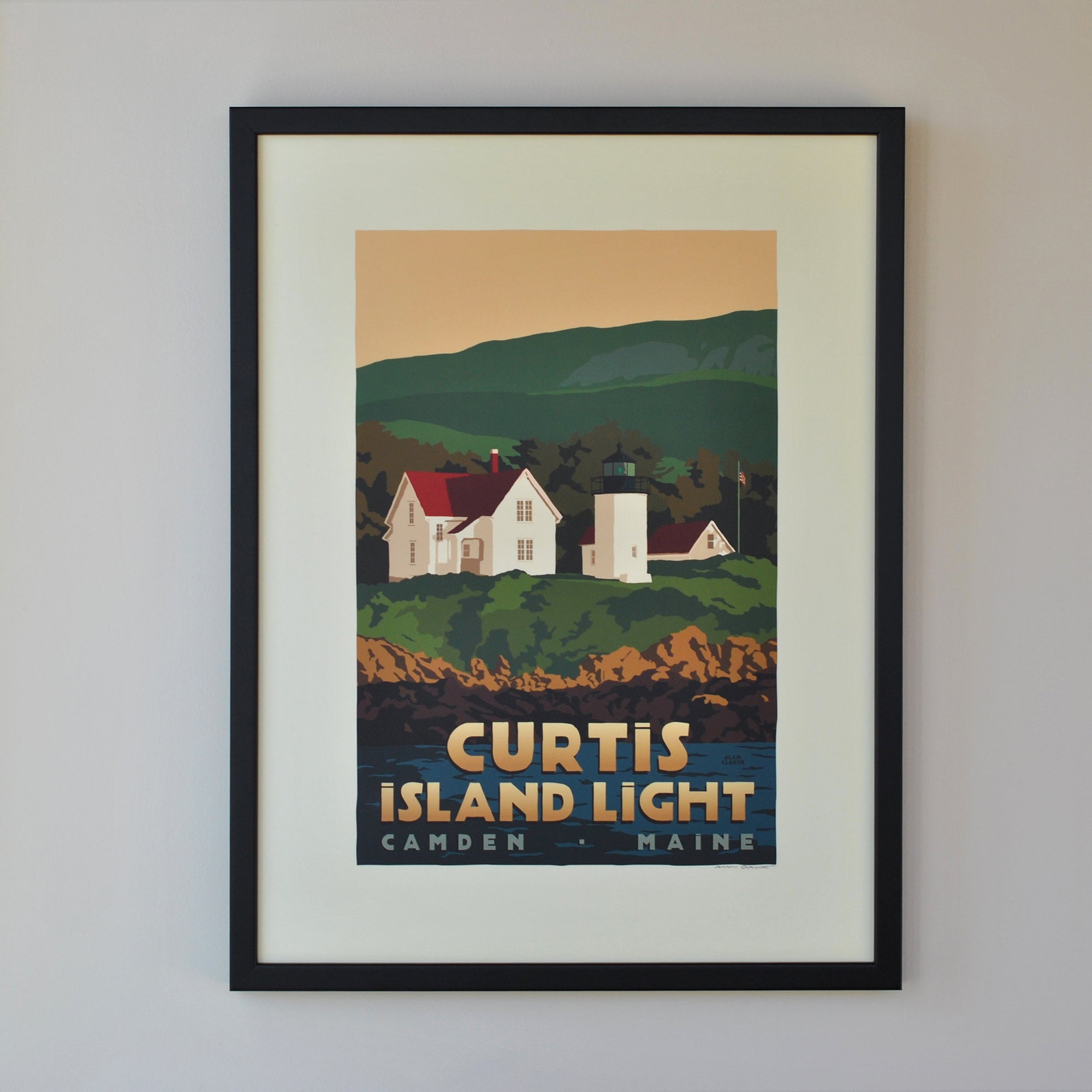 Curtis Island Light Art Print 18" x 24" Framed Travel Poster By Alan Claude - Maine