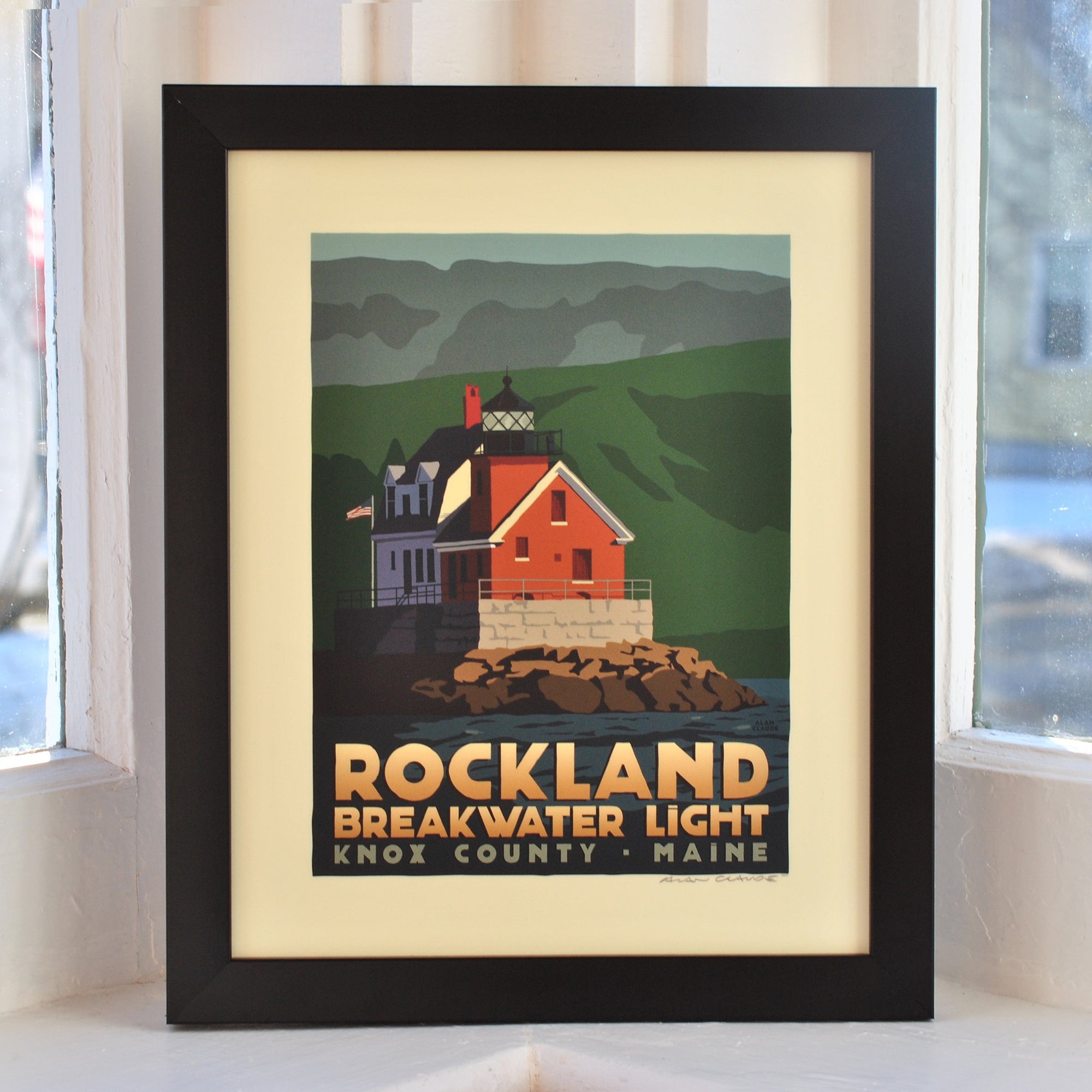 Rockland Breakwater Light Art Print 8" x 10" Framed Travel Poster By Alan Claude - Maine