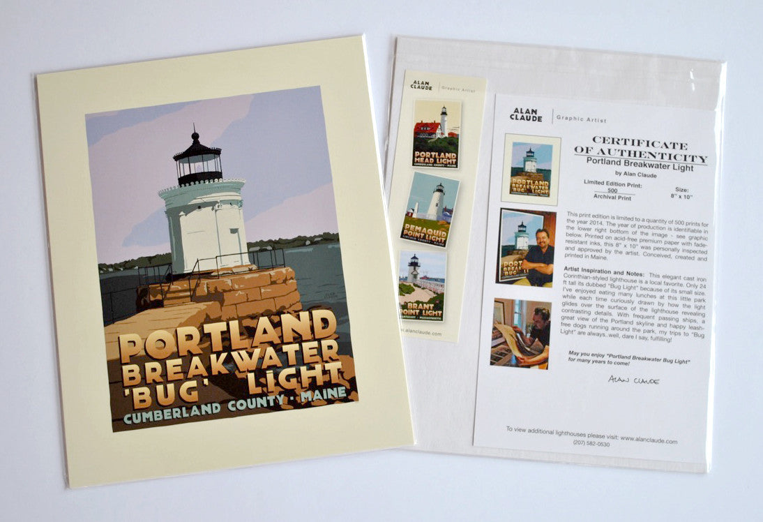 Portland Breakwater Bug Light Art Print 8" x 10" Travel Poster By Alan Claude - Maine
