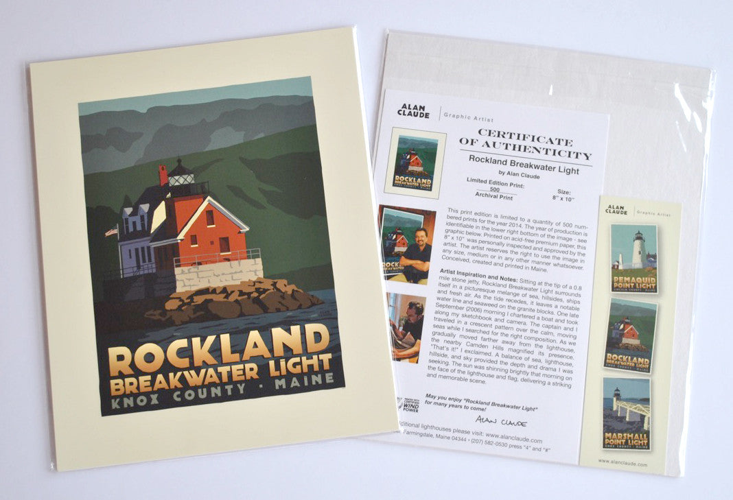 Rockland Breakwater Light Art Print 8" x 10" Travel Poster By Alan Claude - Maine