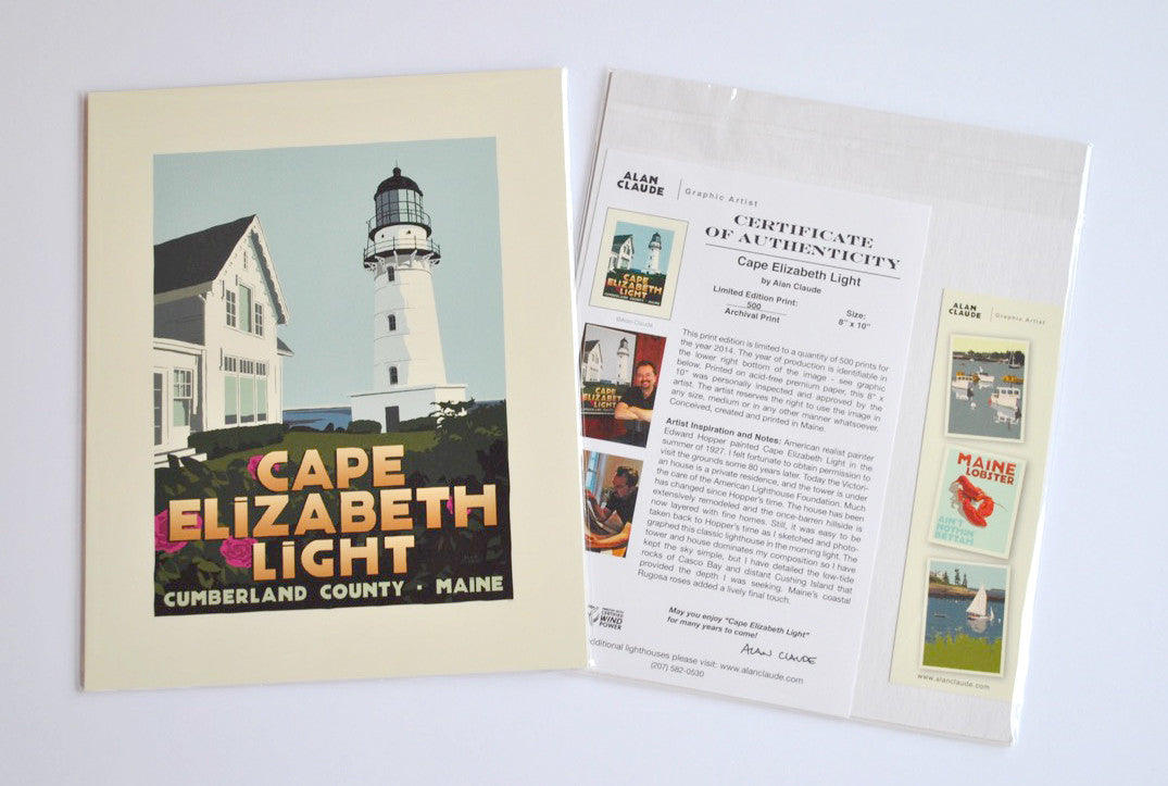 Cape Elizabeth Light Art Print 8" x 10" Travel Poster By Alan Claude - Maine