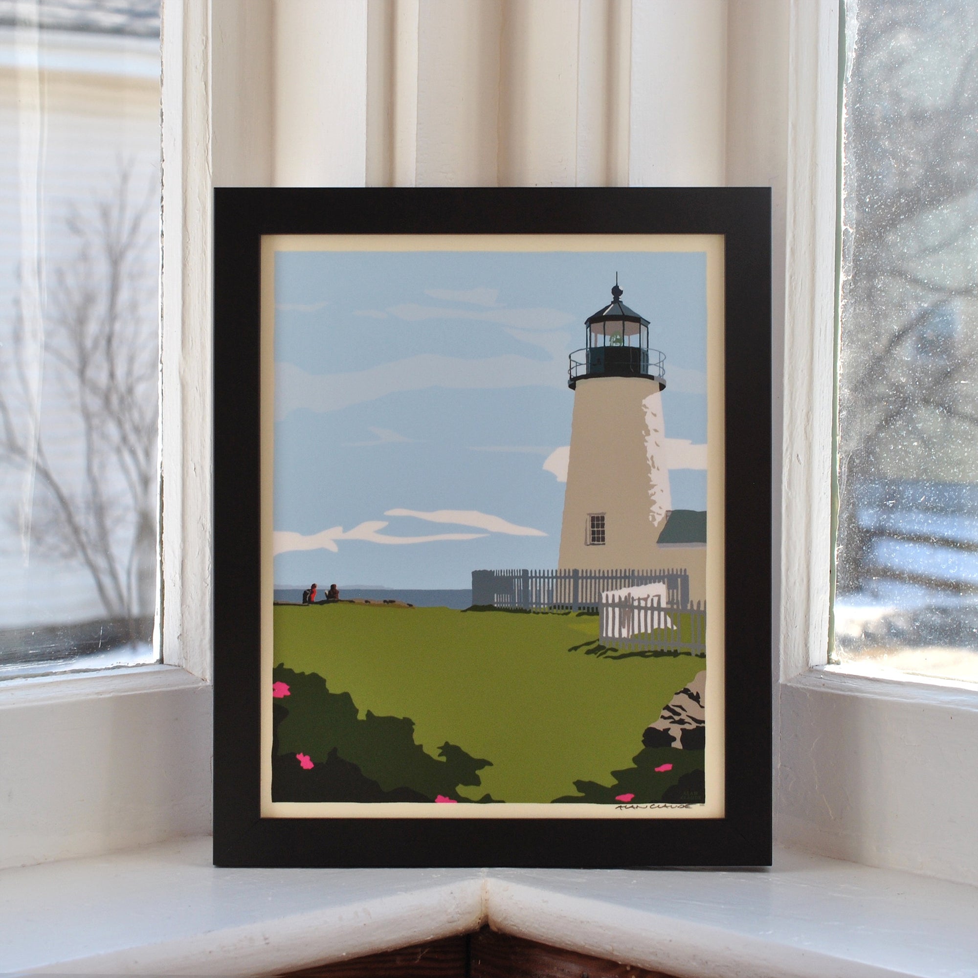 Pemaquid Point Light Hikers Art Print 8" x 10" Framed Wall Poster By Alan Claude - Maine