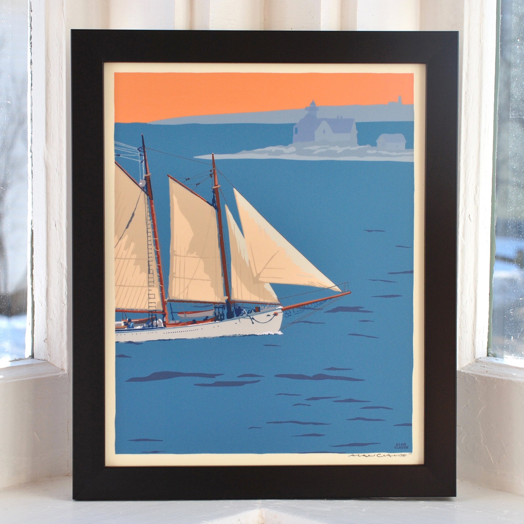 Schooner at the Cuckolds Art Print 8" x 10" Framed Wall Poster By Alan Claude - Maine