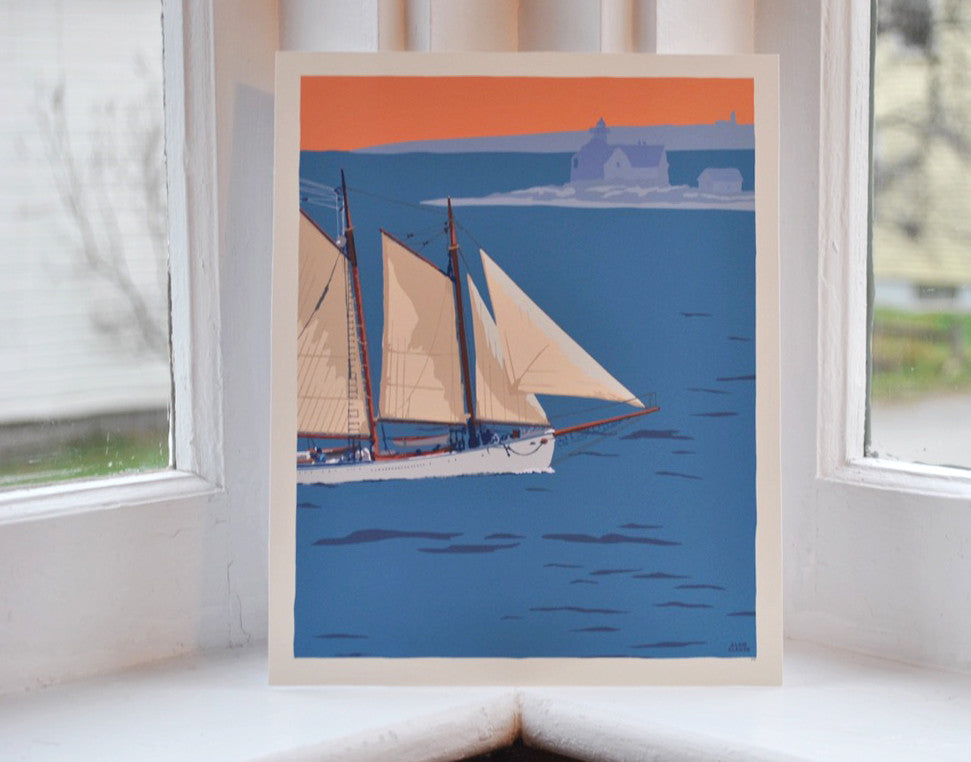 Schooner at the Cuckolds Art Print 8" x 10" Wall Poster By Alan Claude - Maine