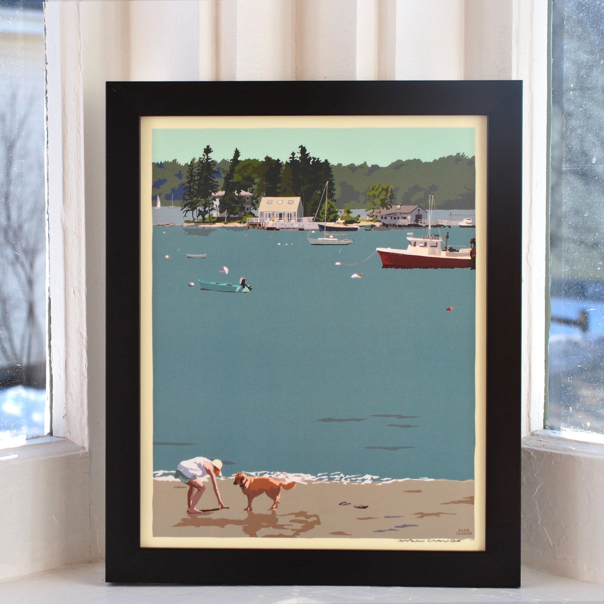 Golden Retriever at Beach "Go Fetch" Art Print 8" x 10" Framed Wall Poster By Alan Claude - Maine