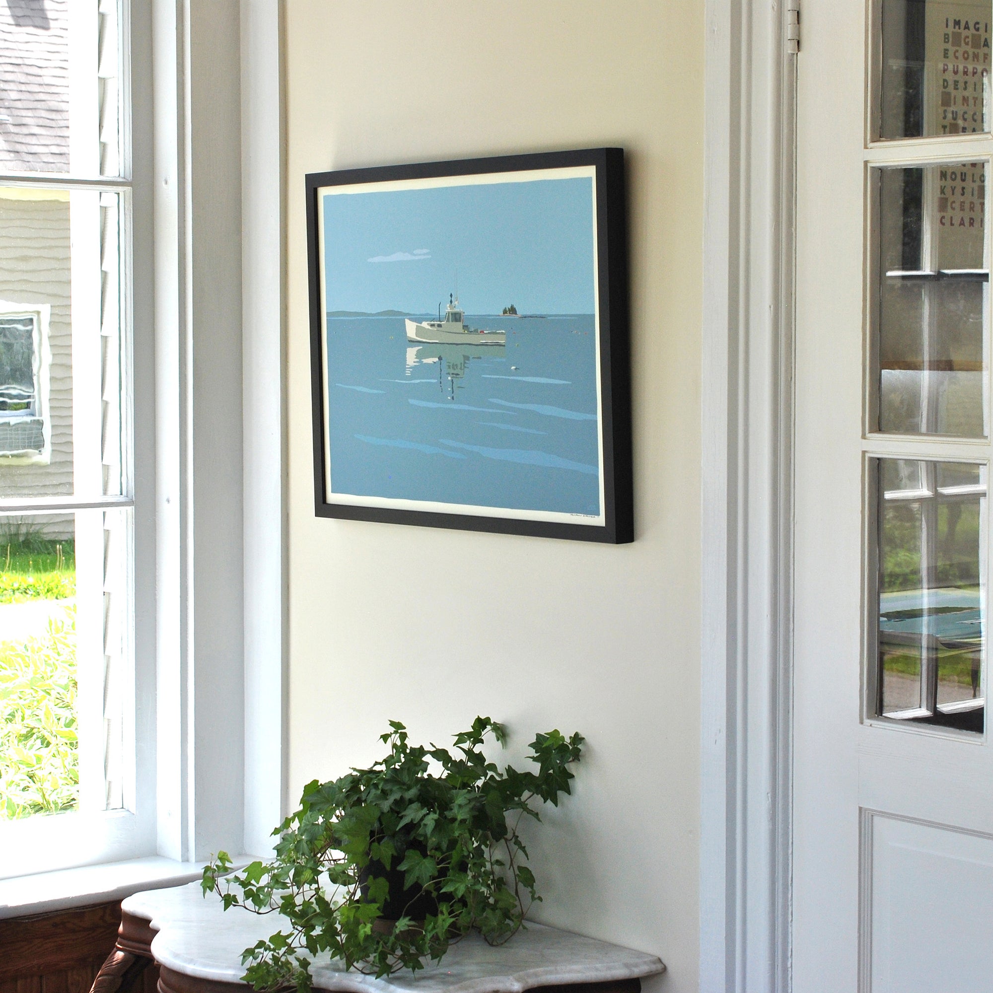 Tranquility Lobster Boat Art Print 18" x 24" Horizontal Framed Wall Poster By Alan Claude - Maine