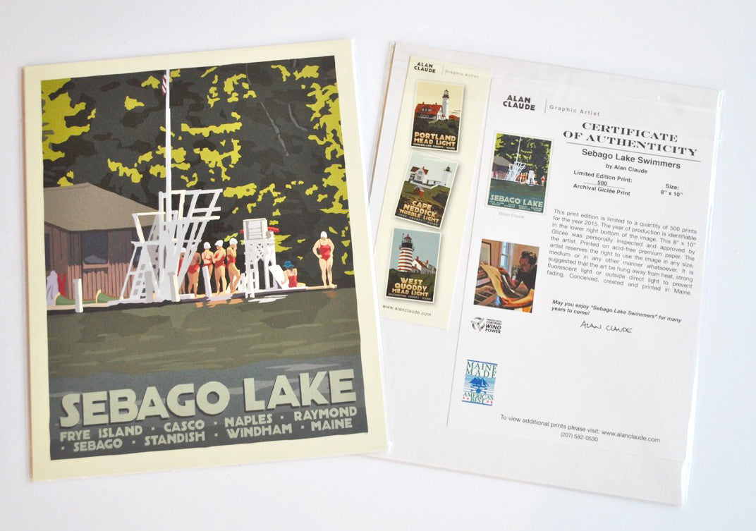 Sebago Lake Swimmers Art Print 8" x 10" Travel Poster By Alan Claude - Maine