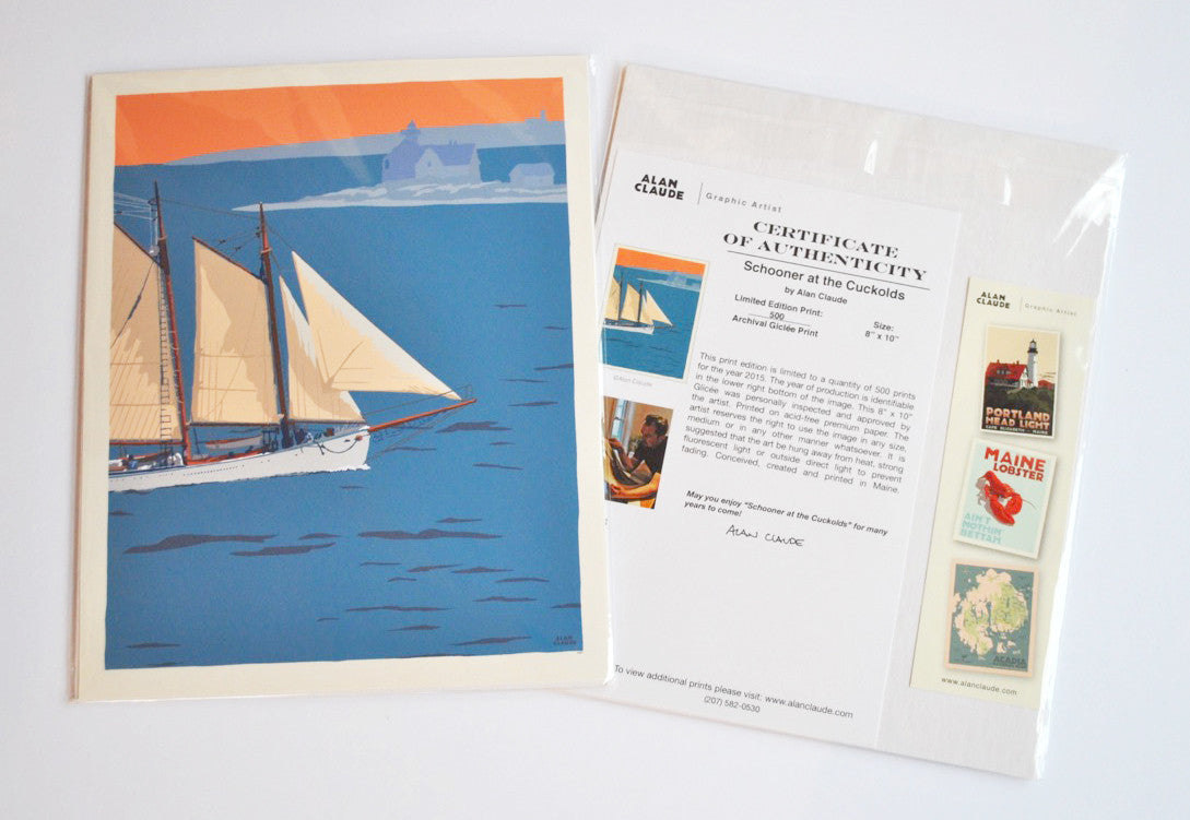 Schooner at the Cuckolds Art Print 8" x 10" Wall Poster By Alan Claude - Maine