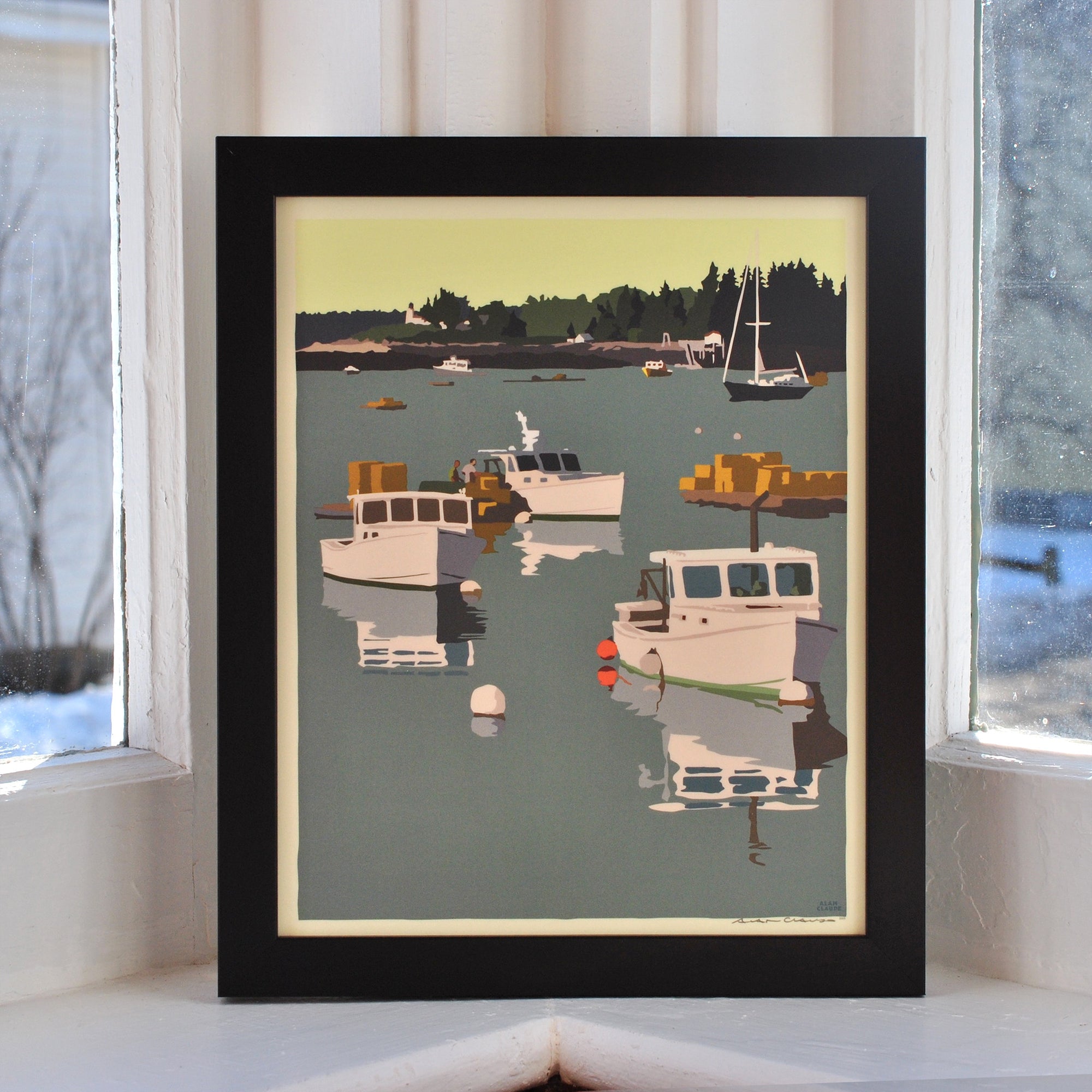 Lobster Boats on a Sunday Morning Art Print 8" x 10" Framed Wall Poster By Alan Claude - Maine