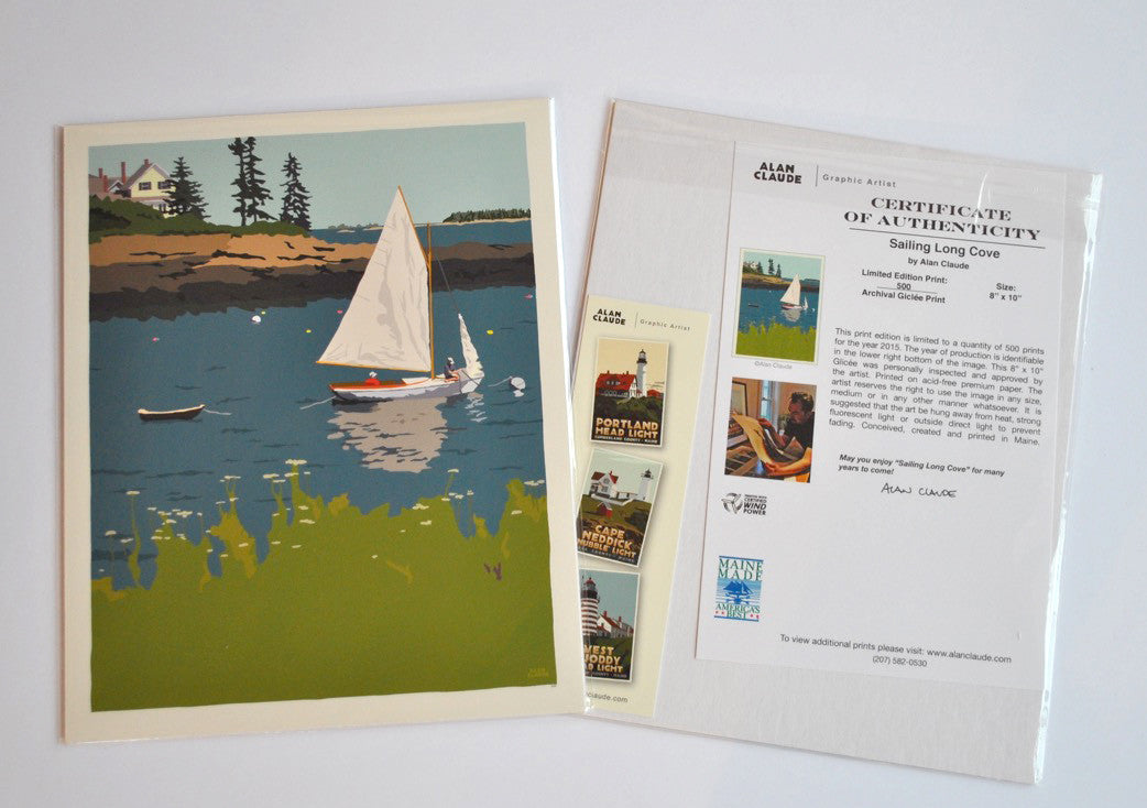 Sailing Long Cove Art Print 8" x 10" Wall Poster By Alan Claude - Maine