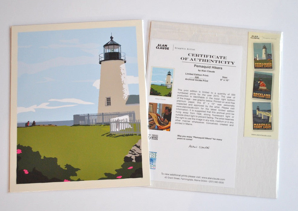 Pemaquid Point Light Hikers Art Print 8" x 10" Wall Poster By Alan Claude - Maine