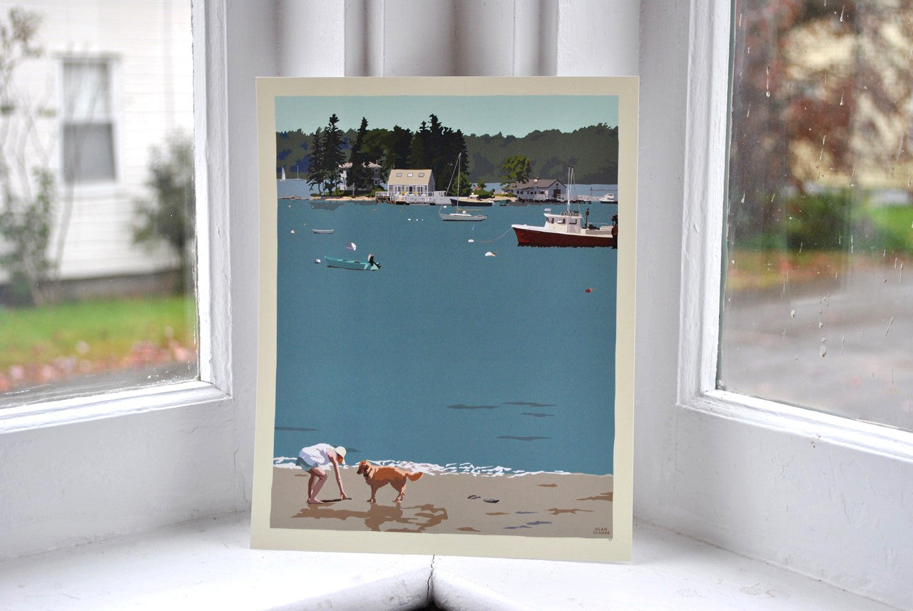 Golden Retriever at Beach "Go Fetch" Art Print 8" x 10" Wall Poster By Alan Claude - Maine