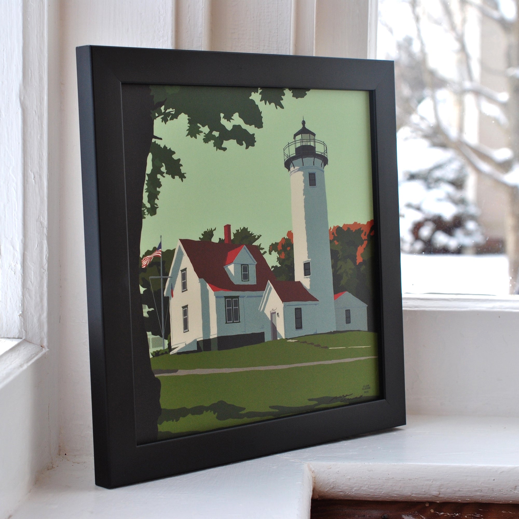 West Chop Light Art Print 8" x 8" Framed Wall Poster By Alan Claude - Massachusetts