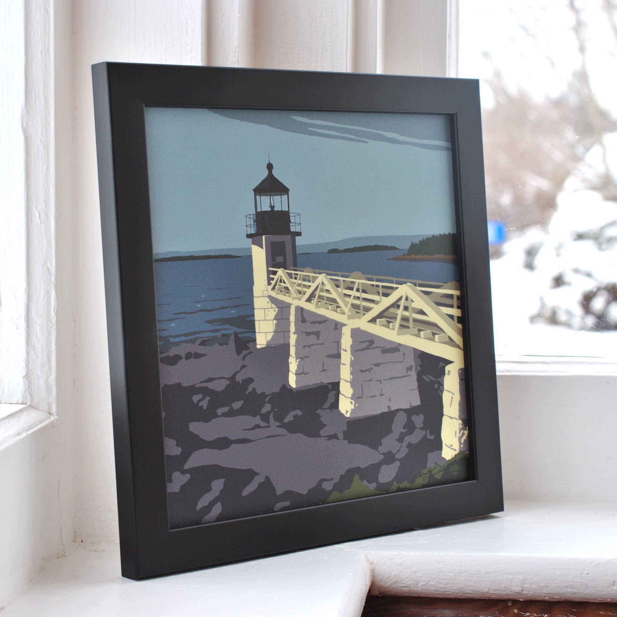 Marshall Point Light Art Print 8" x 8" Framed Wall Poster By Alan Claude - Maine
