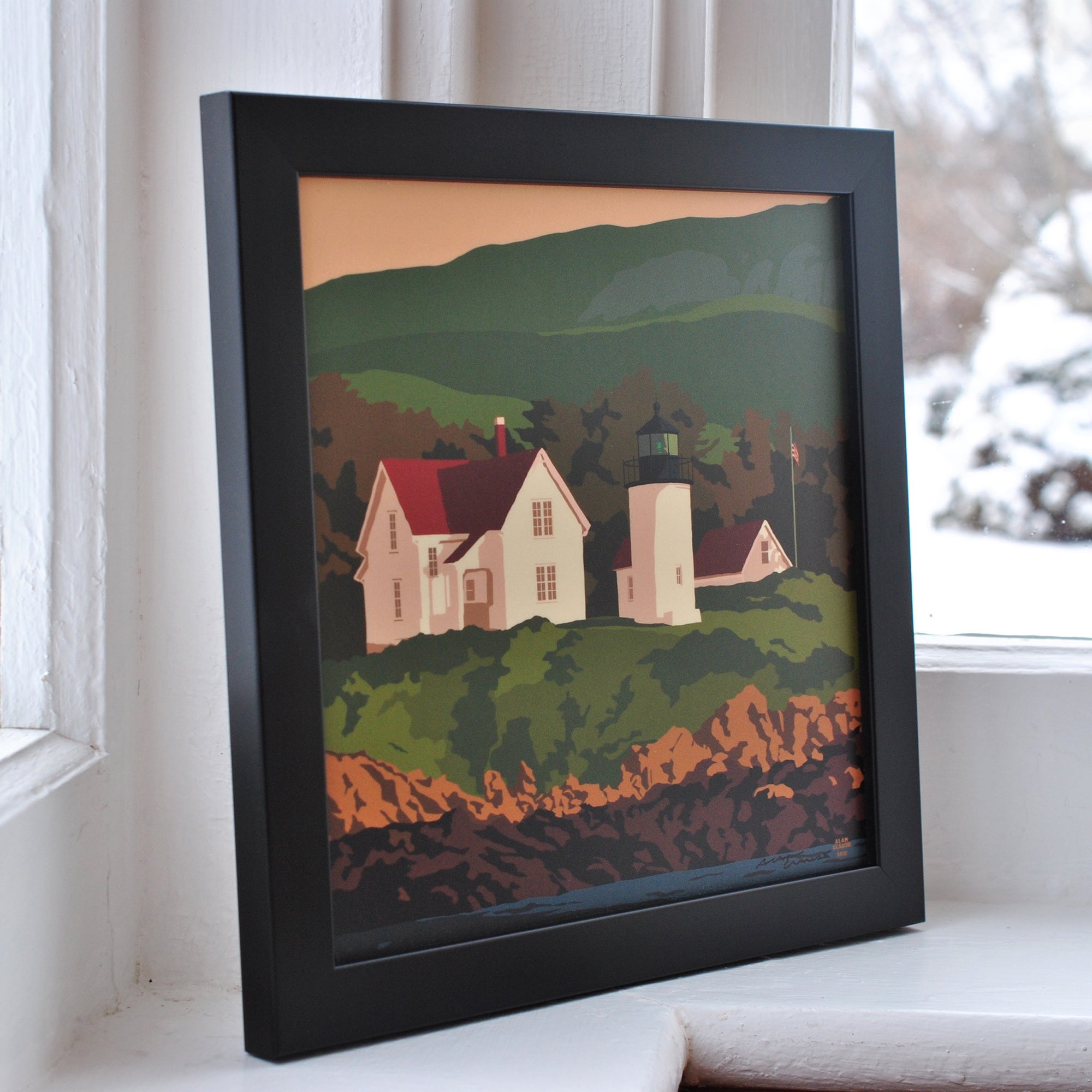 Curtis Island Light Art Print 8" x 8" Framed Wall Poster By Alan Claude - Maine