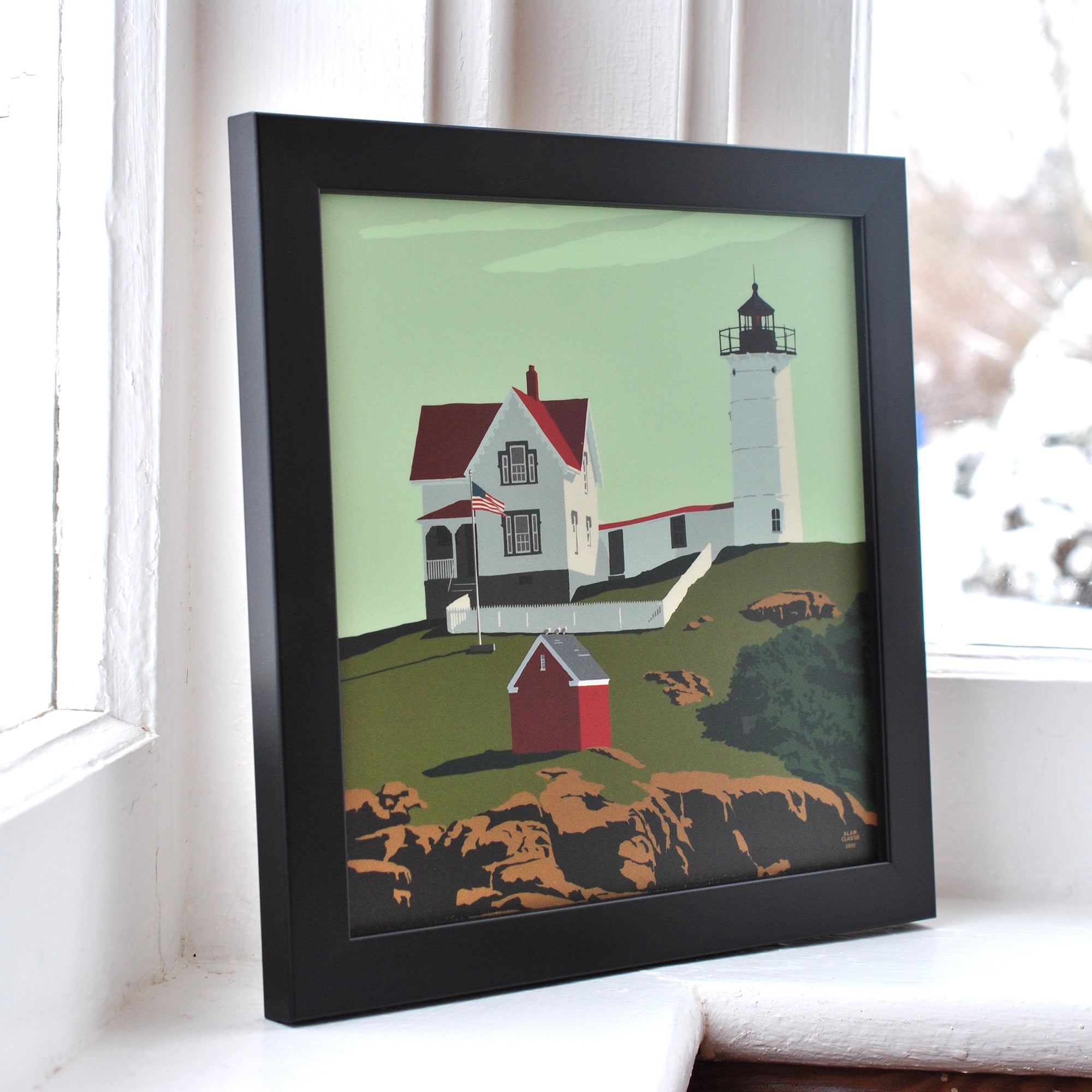 Cape Neddick Nubble Light Art Print 8" x 8" Framed Wall Poster By Alan Claude - Maine