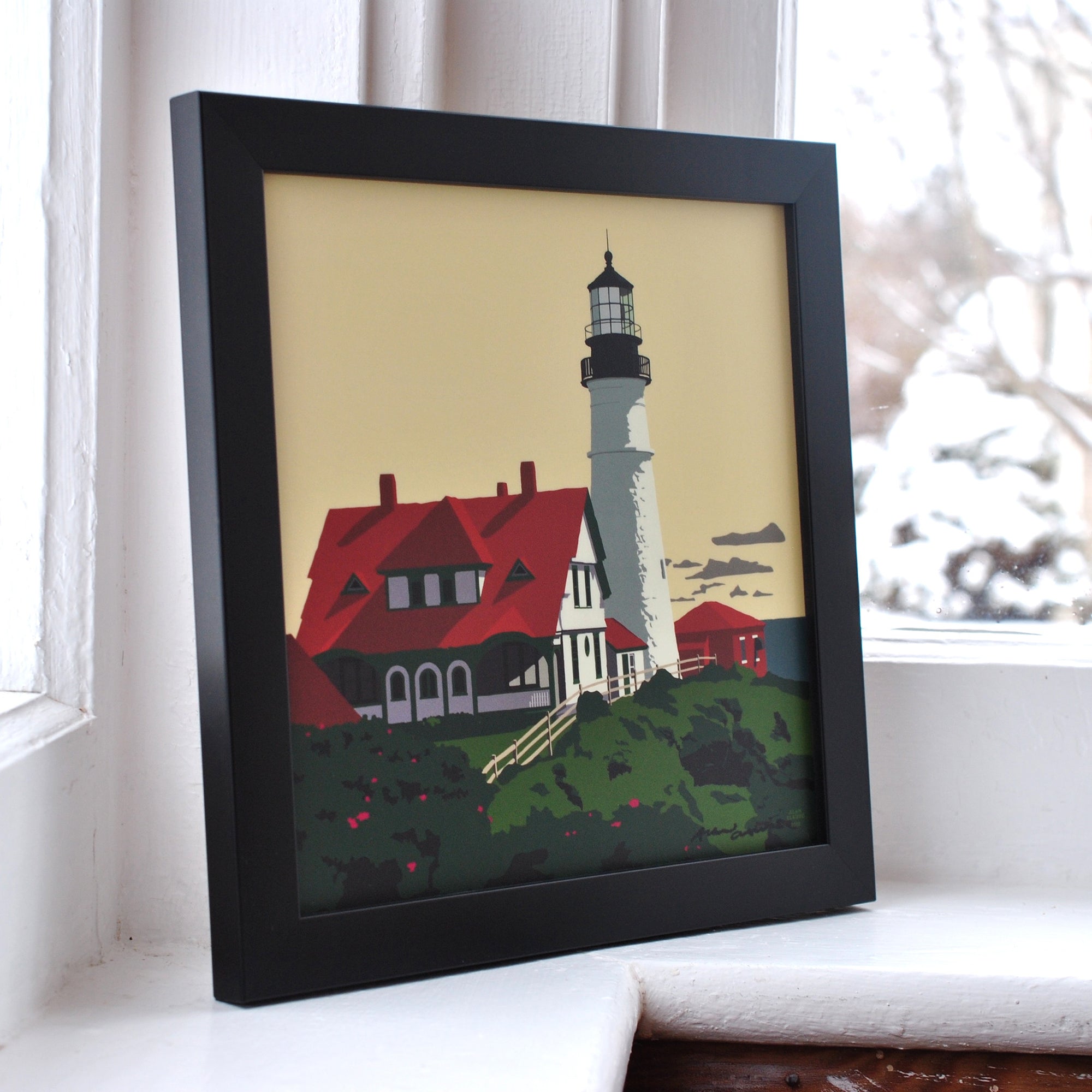 Portland Head Light Art Print 8" x 8" Framed Wall Poster By Alan Claude - Maine