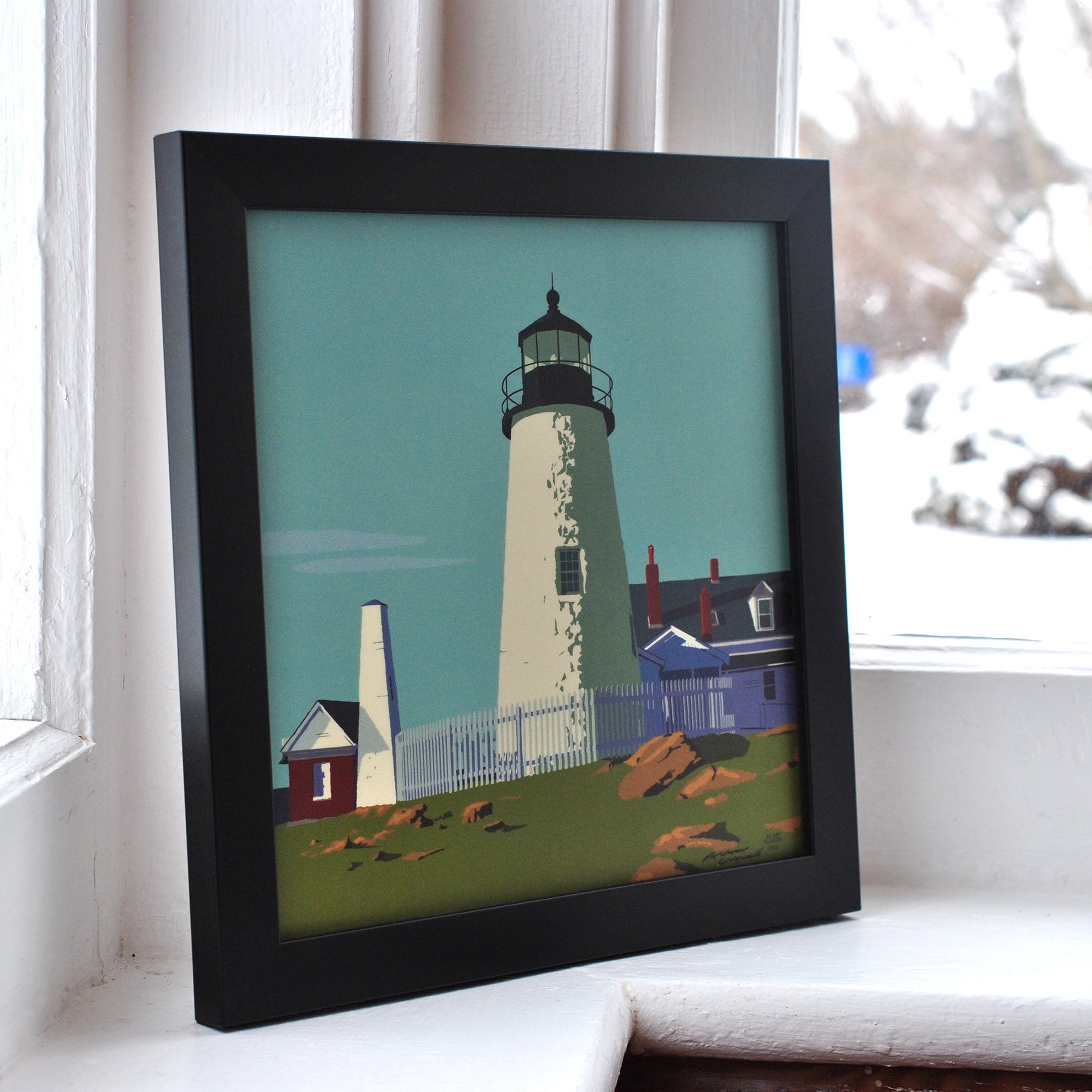 Pemaquid Point Light Art Print 8" x 8" Framed Wall Poster By Alan Claude - Maine