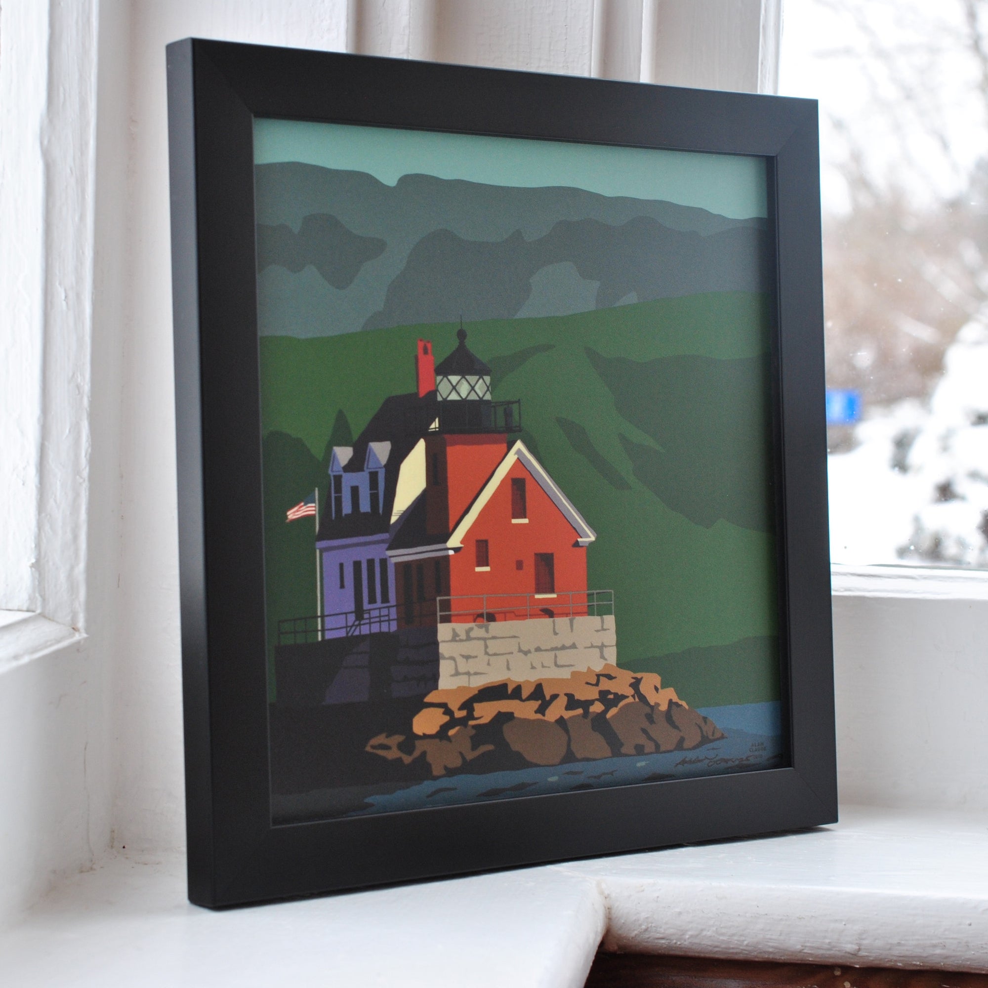 Rockland Breakwater Light Art Print 8" x 8" Framed Wall Poster By Alan Claude - Maine
