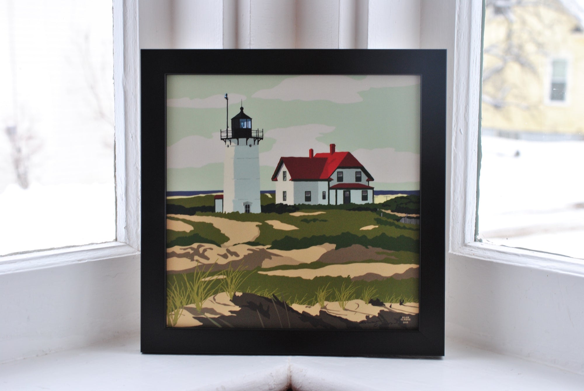 Race Point Light Art Print 8" x 8" Framed Wall Poster By Alan Claude - Massachusetts