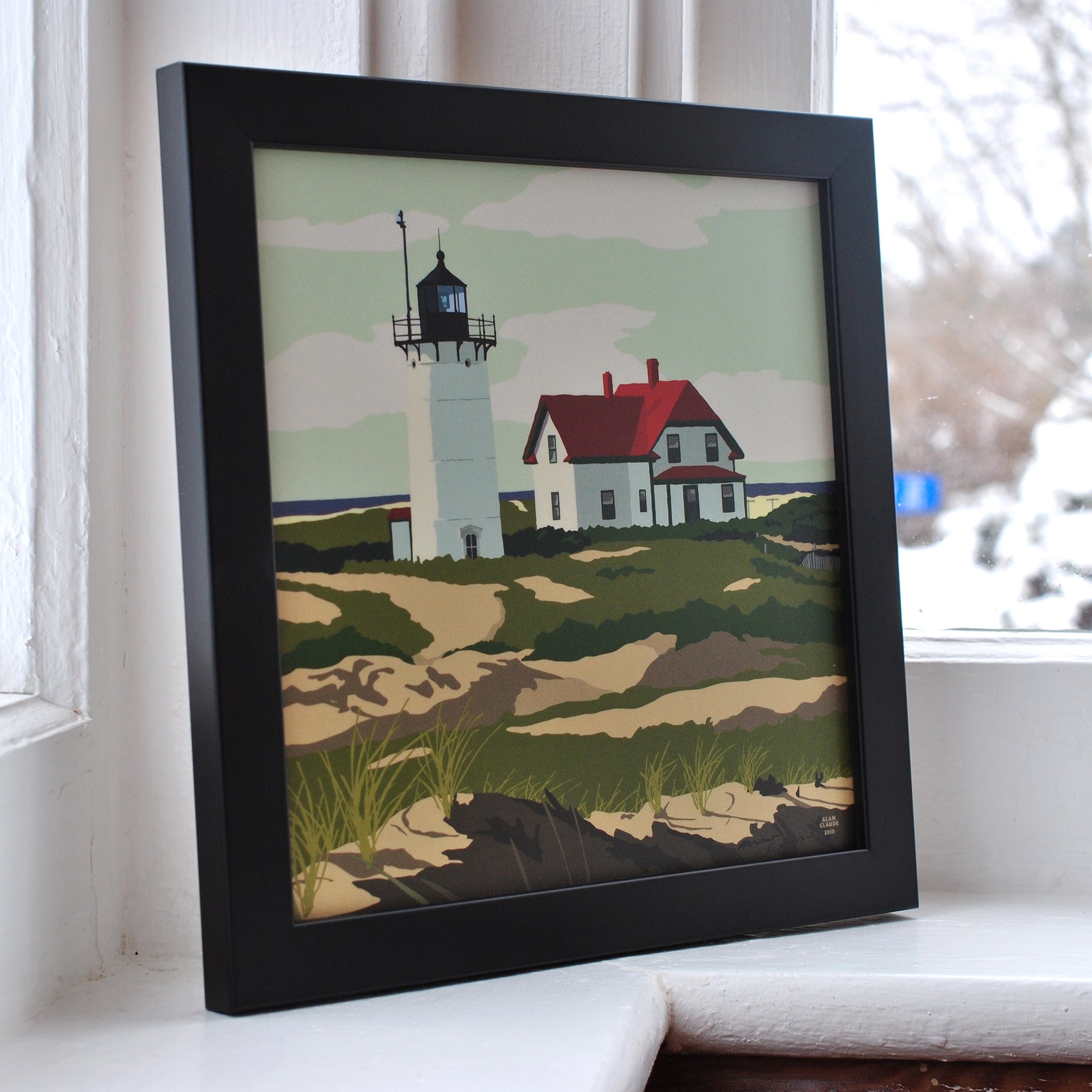 Race Point Light Art Print 8" x 8" Framed Wall Poster By Alan Claude - Massachusetts