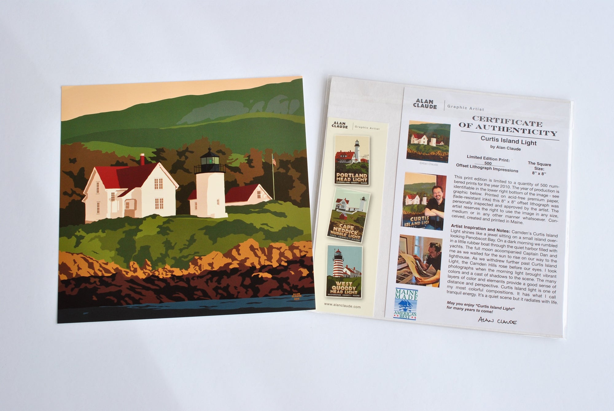 Curtis Island Light Art Print 8" x 8" Square Wall Poster By Alan Claude - Maine