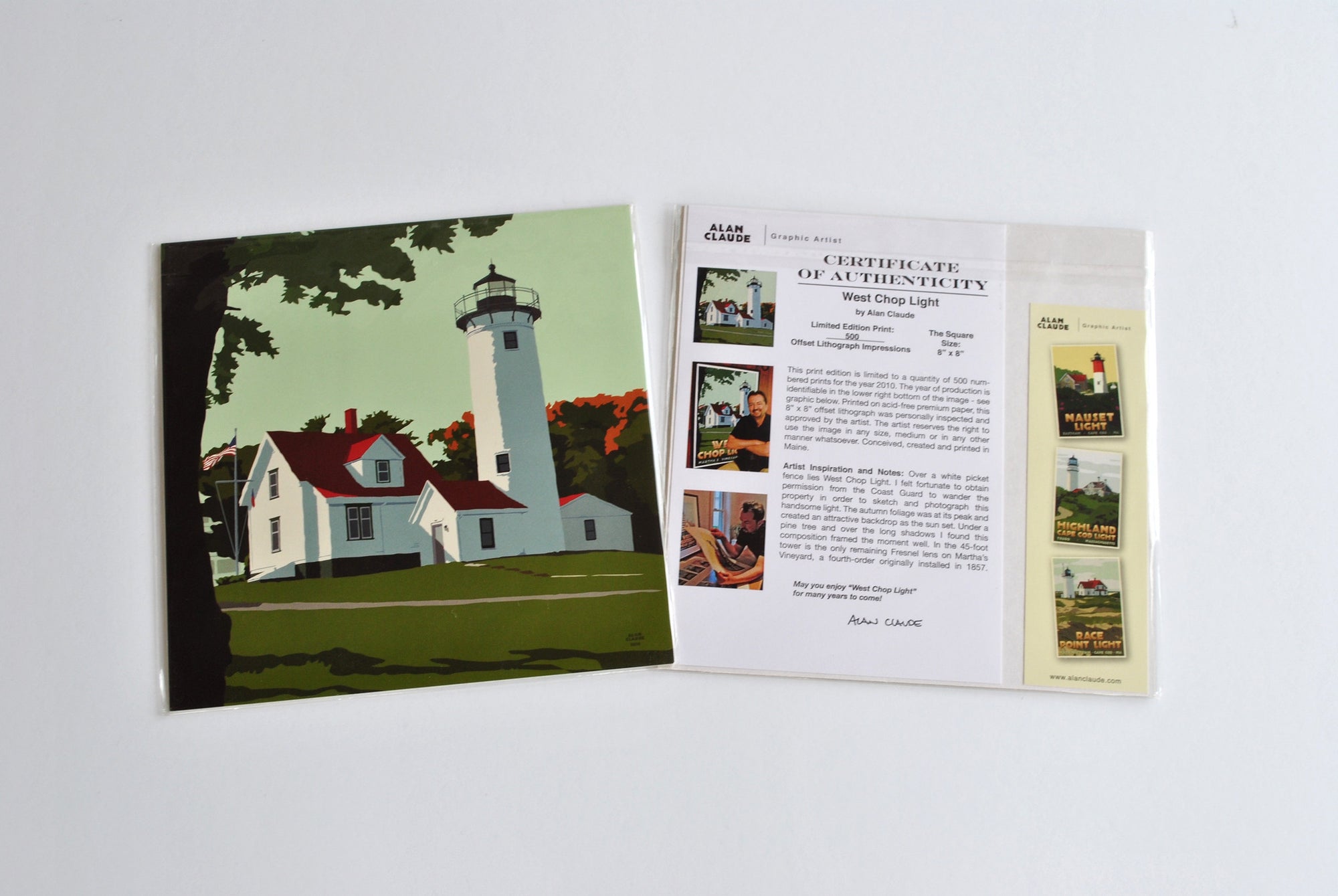 West Chop Light Art Print 8" x 8" Square Wall Poster By Alan Claude - Massachusetts