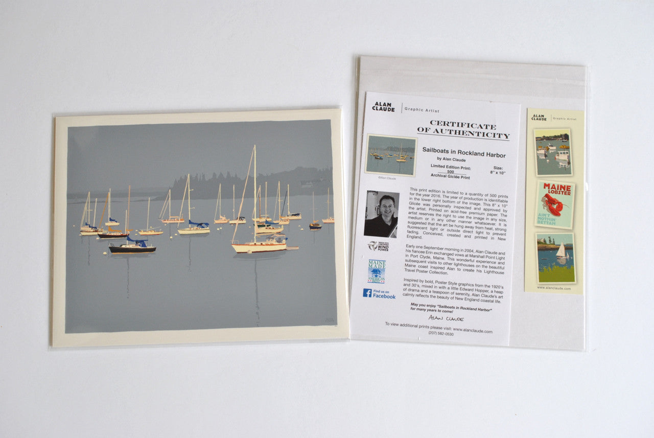Sailboats in Rockland Harbor Art Print 8" x 10" Wall Poster By Alan Claude - Maine