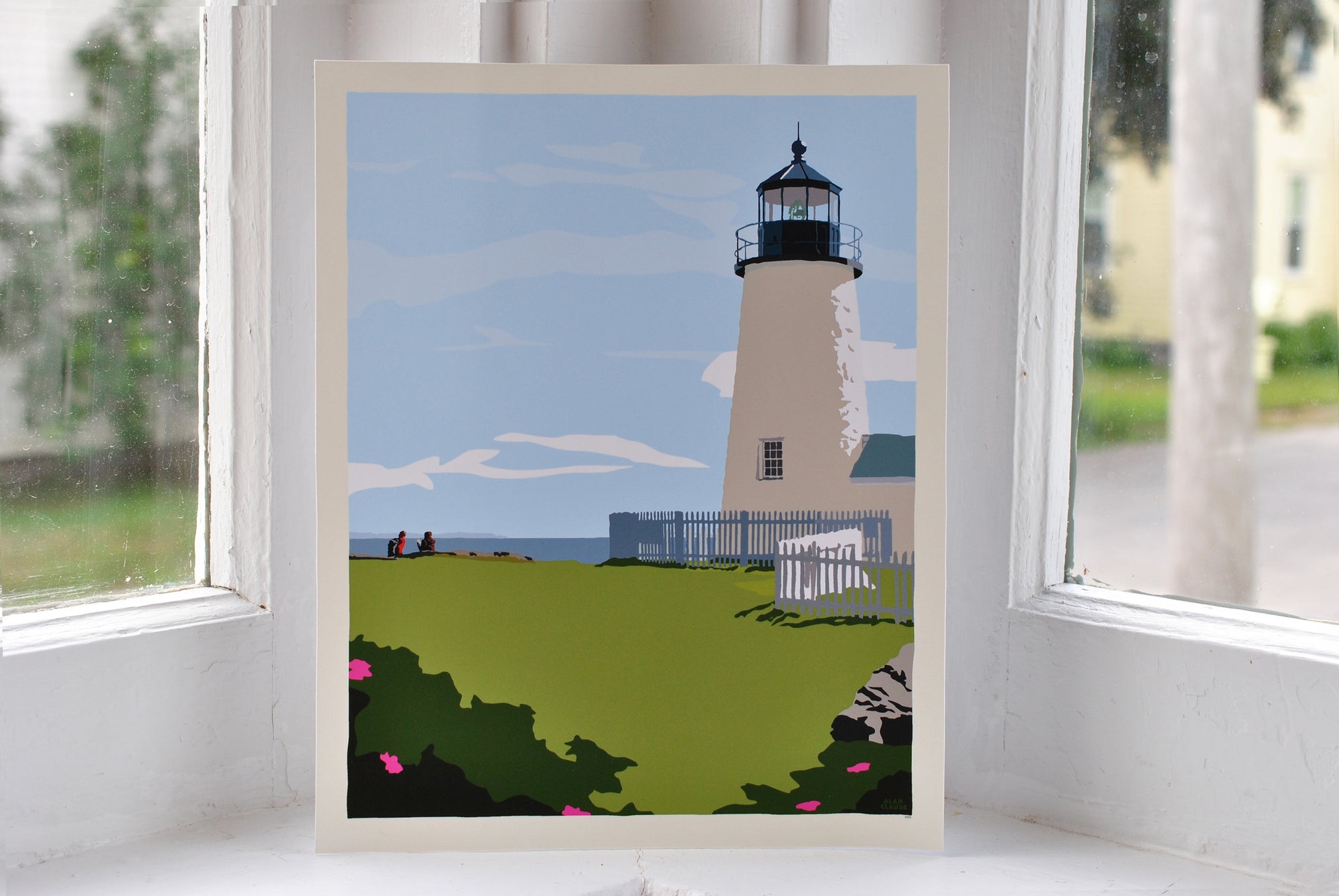 Pemaquid Point Light Hikers Art Print 8" x 10" Wall Poster By Alan Claude - Maine