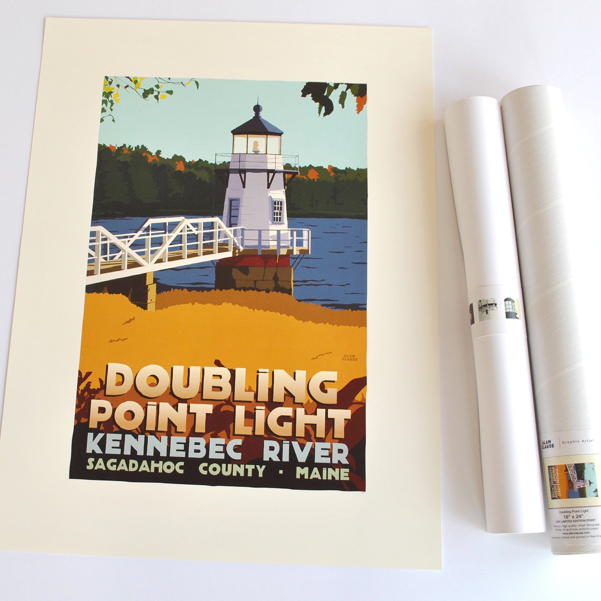 Doubling Point Light Art Print 18" x 24" Travel Poster By Alan Claude - Maine