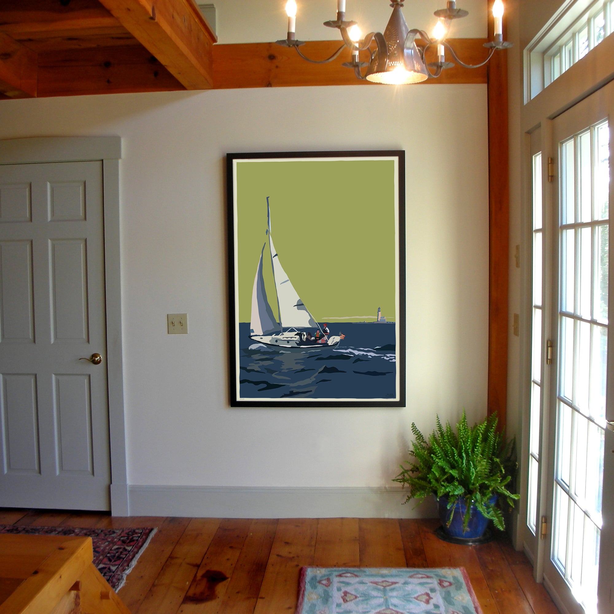 Sailing Half Way Rock Light Art Print 36" x 53" Framed Wall Poster By Alan Claude - Maine