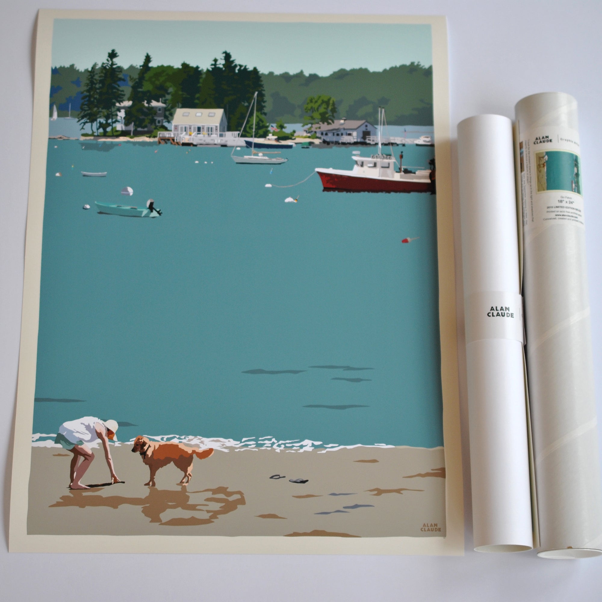 Golden Retriever at Beach "Go Fetch" Art Print 18" x 24" Wall Poster By Alan Claude - Maine
