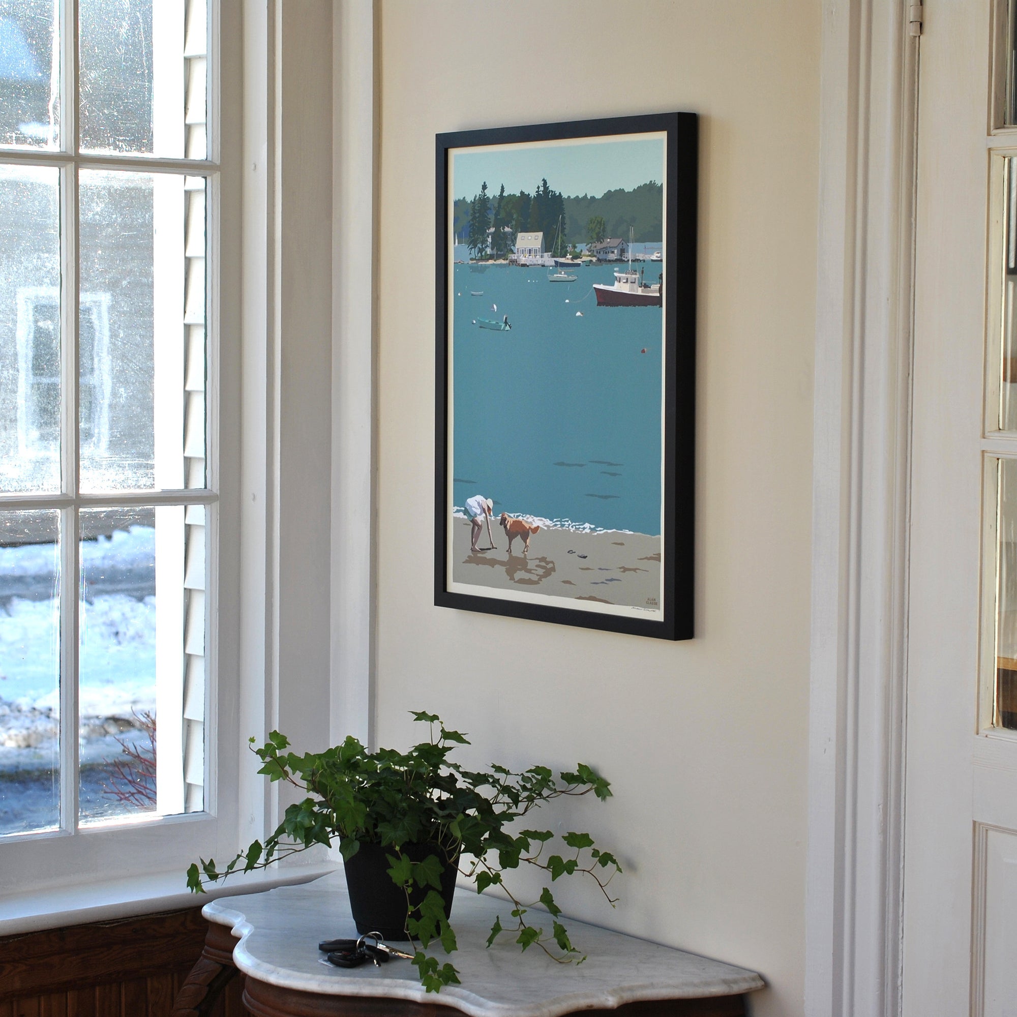 Golden Retriever at Beach "Go Fetch" Art Print 18" x 24" Framed Wall Poster By Alan Claude - Maine
