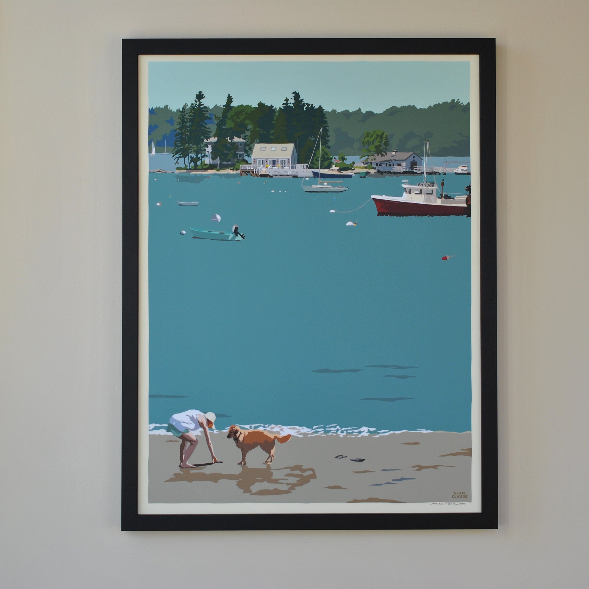 Golden Retriever at Beach "Go Fetch" Art Print 18" x 24" Framed Wall Poster By Alan Claude - Maine