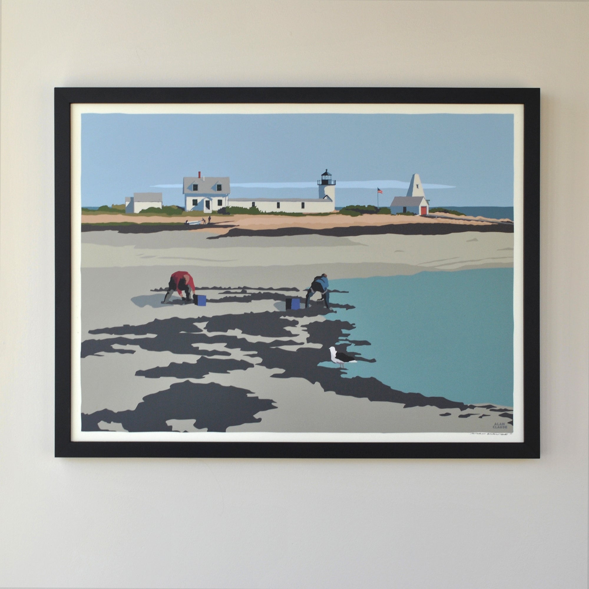 Goat Island Clammers Art Print 18" x 24" Horizontal Framed Wall Poster By Alan Claude - Maine