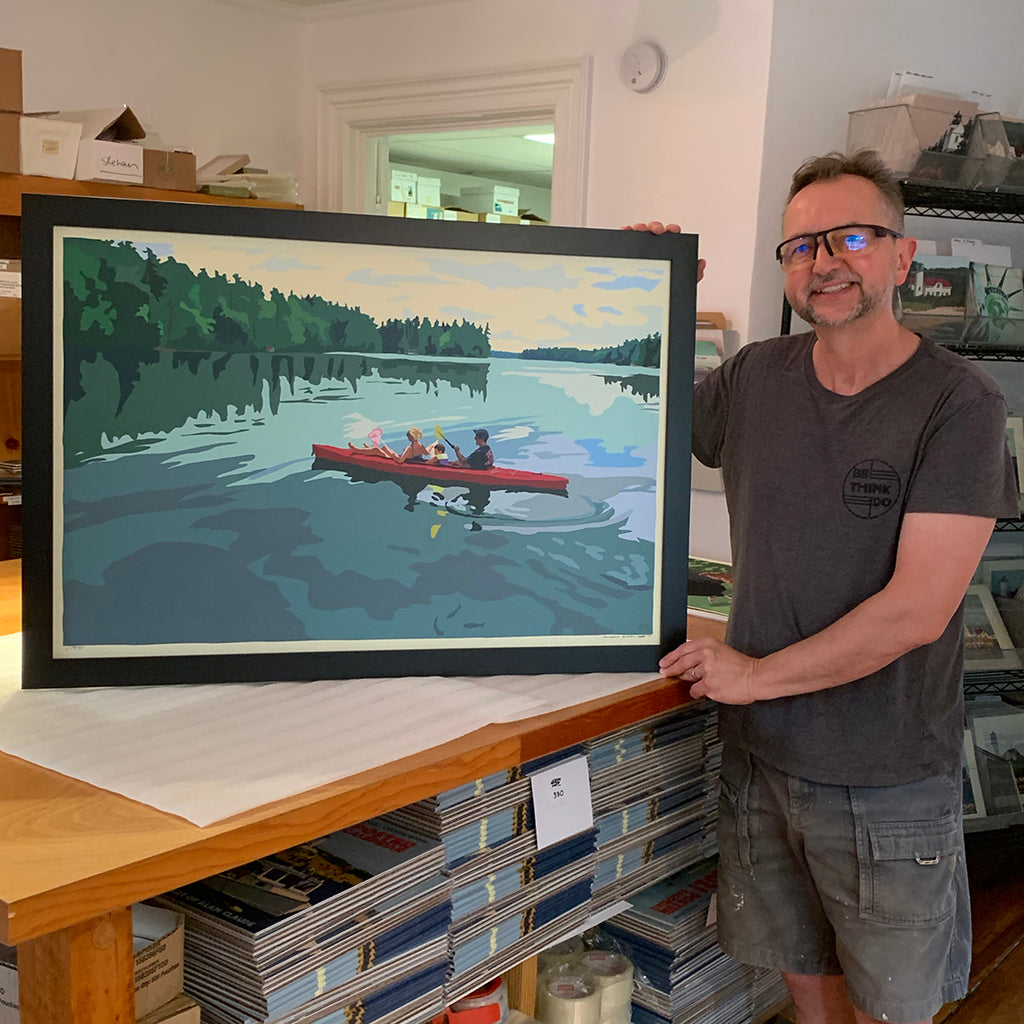 Kayaking On A Lake Art Print 24" x 36" Framed Travel Poster By Alan Claude  - Maine