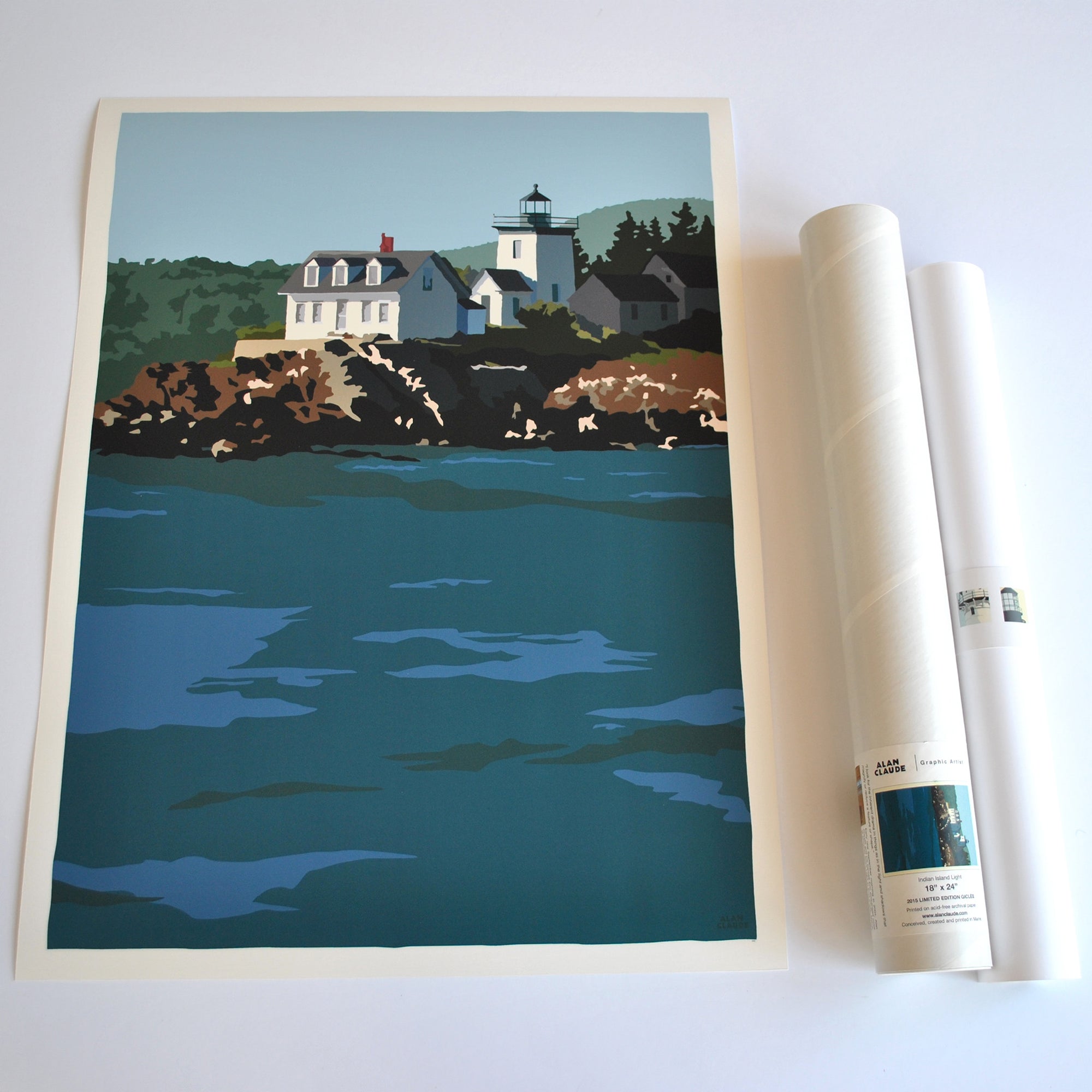 Indian Island Light Art Print 18" x 24" Wall Poster By Alan Claude - Maine
