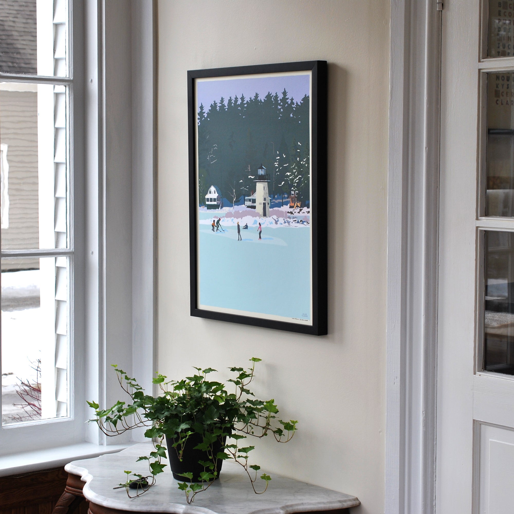 Ice Skating At Ladies Delight Lighthouse Art Print 18" x 24" Framed Wall Poster By Alan Claude - Maine