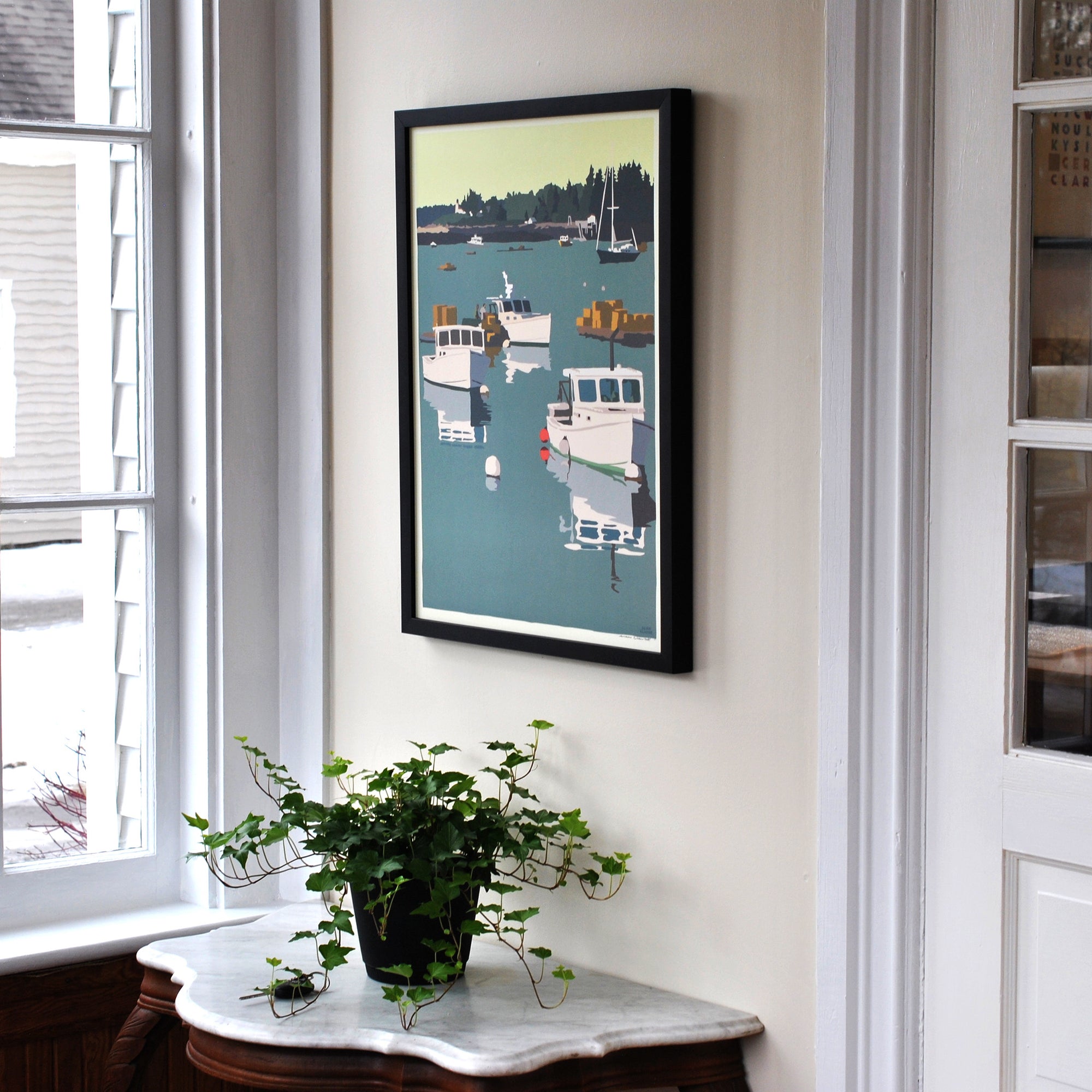 Lobster Boats on a Sunday Morning Art Print 18" x 24" Framed Wall Poster By Alan Claude - Maine