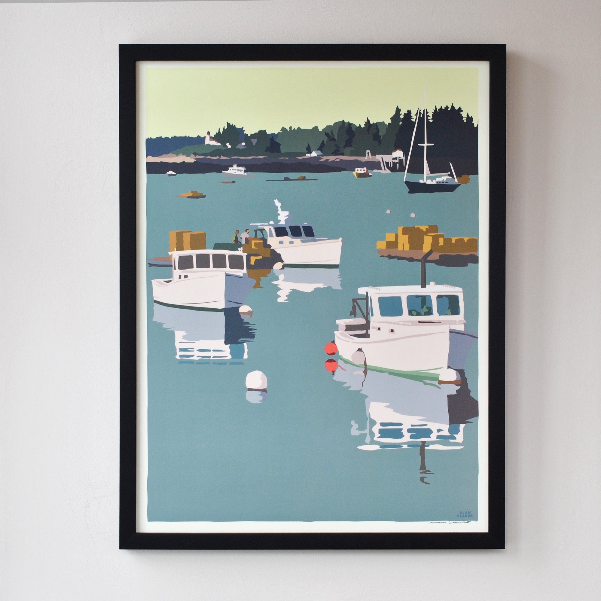 Lobster Boats on a Sunday Morning Art Print 18" x 24" Framed Wall Poster By Alan Claude - Maine