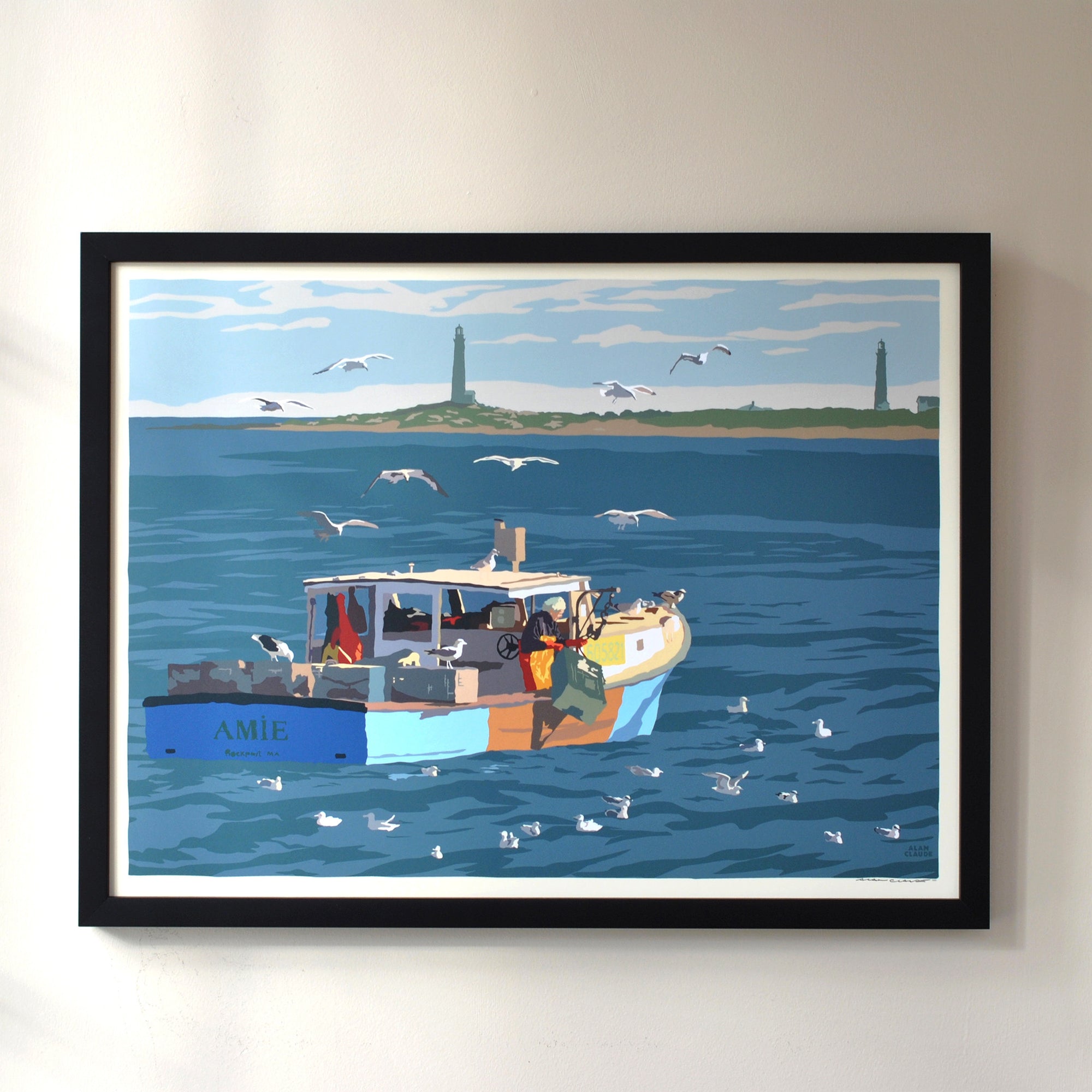 Lobstering at Cape Ann Art Print 18" x 24" Horizontal Framed Wall Poster By Alan Claude - Massachusetts
