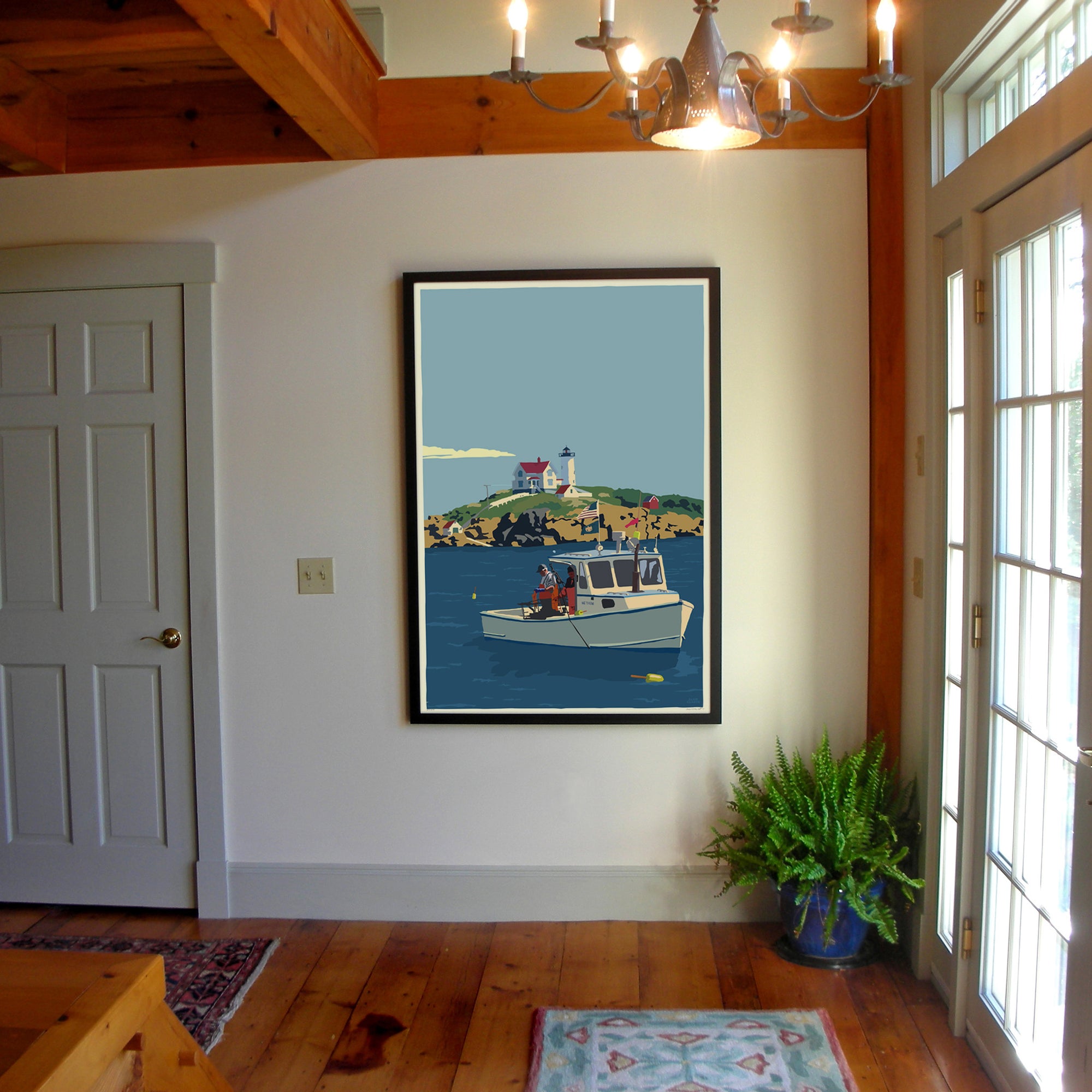 Lobstering at the Nubble Art Print 36" x 53" Framed Wall Poster By Alan Claude - Maine