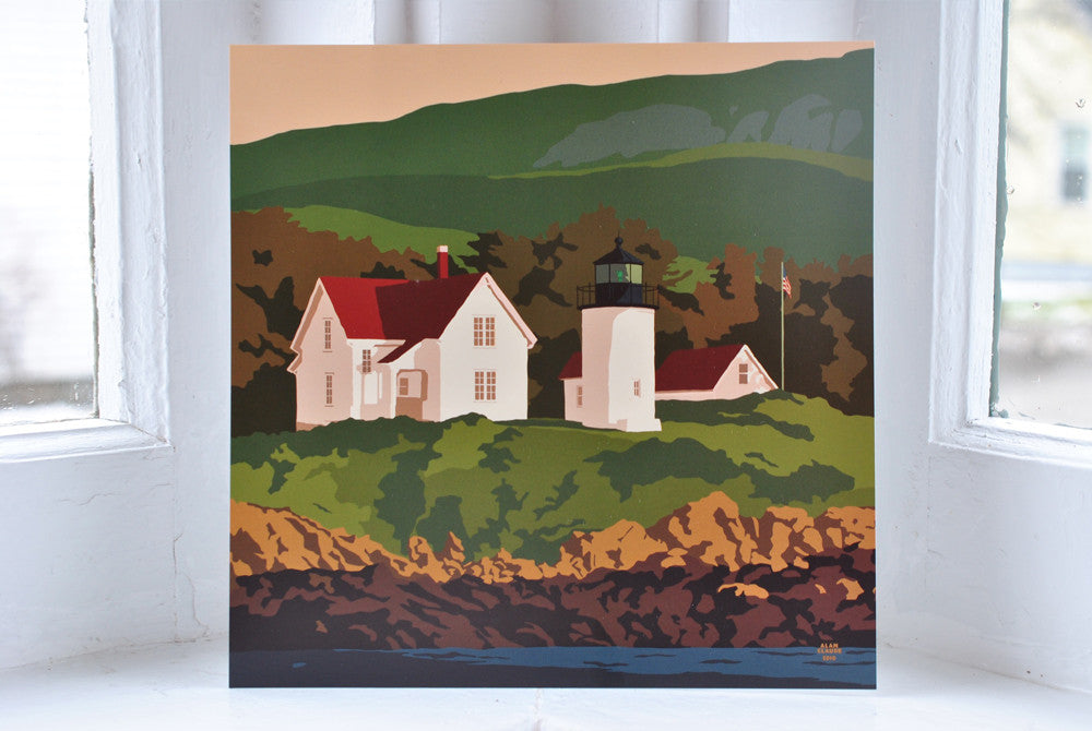 Curtis Island Light Art Print 8" x 8" Square Wall Poster By Alan Claude - Maine