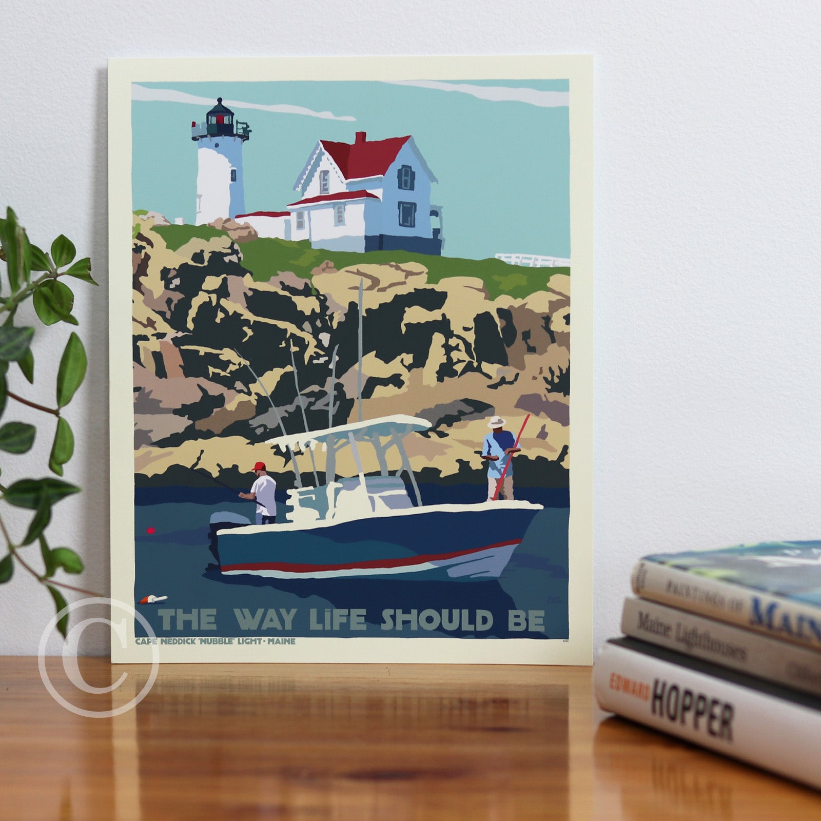 Fishing at the Nubble Art Print 8" x 10" Travel Poster By Alan Claude - Maine